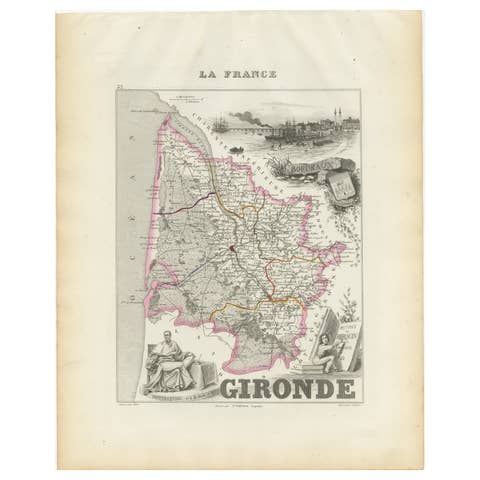 Map of Gironde France with Bordeaux Wine Region by Vuillemin, 19th c