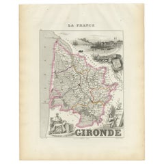 Map of Gironde France with Bordeaux Wine Region by Vuillemin, 19th c