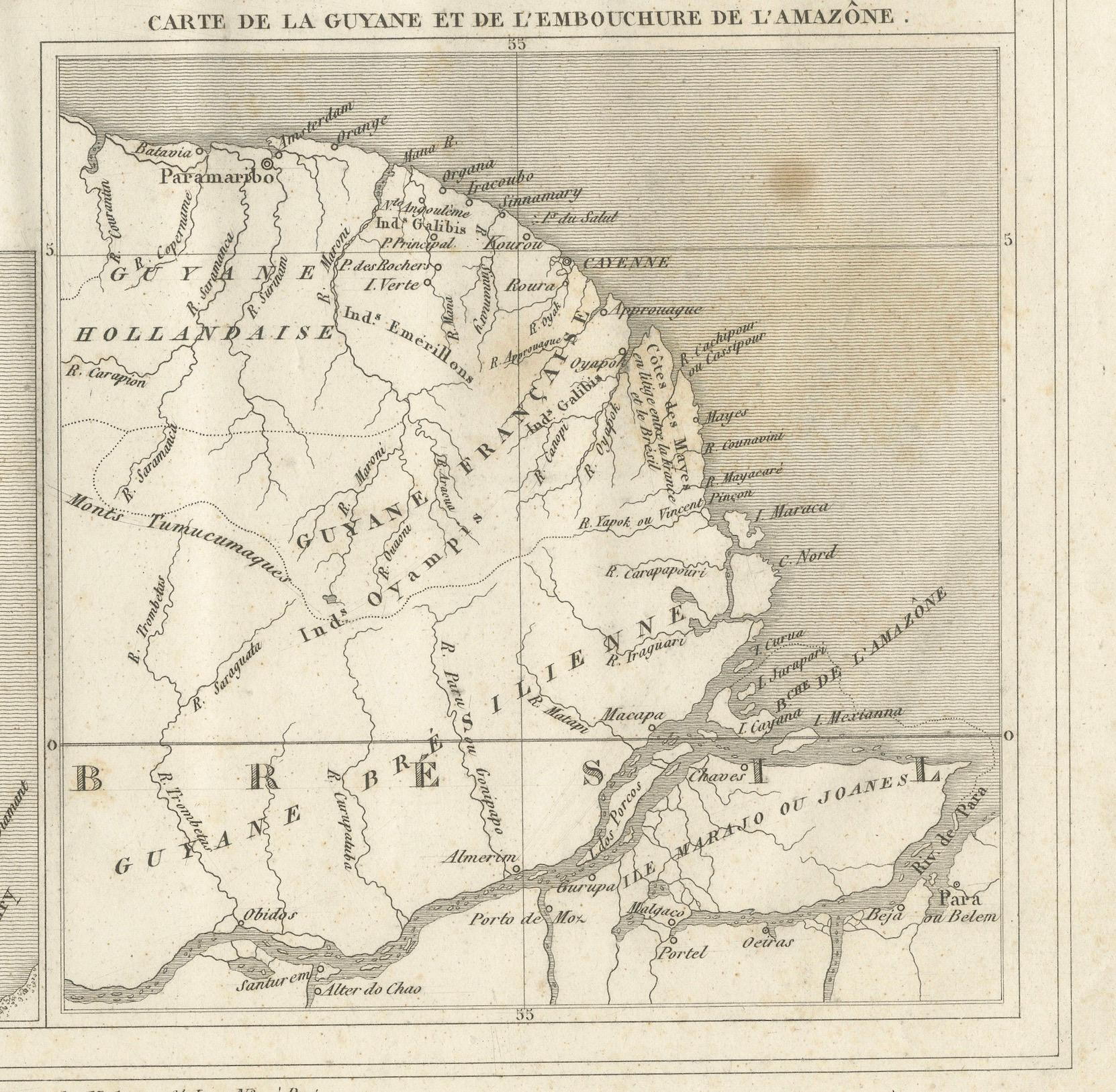 Mappa della Guyana (Guiana francese) con Caienna, 1826 circa In condizioni discrete in vendita a Langweer, NL