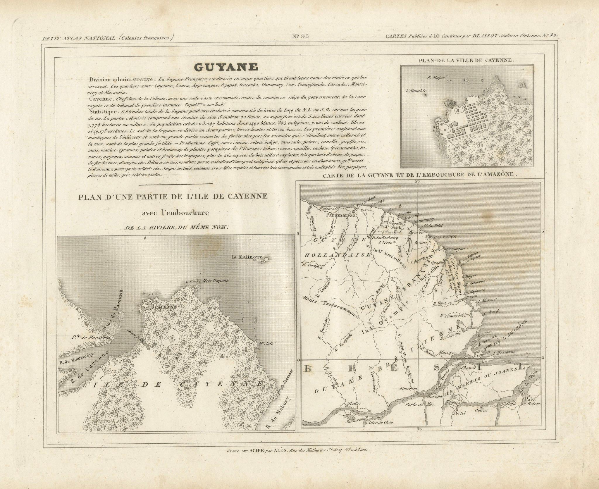 Carta Mappa della Guyana (Guiana francese) con Caienna, 1826 circa in vendita
