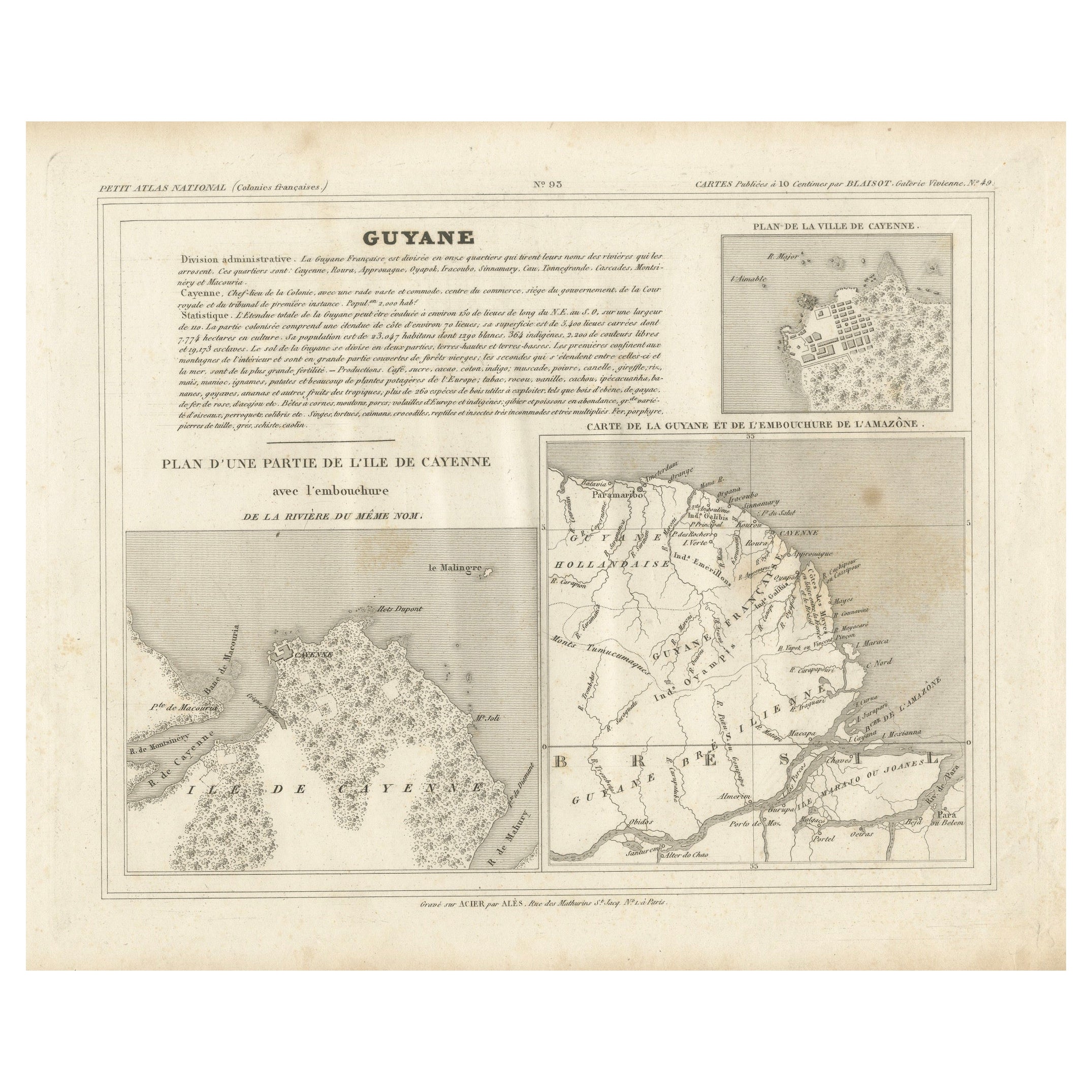 Map of Guyane (French Guiana) with Cayenne, circa 1826