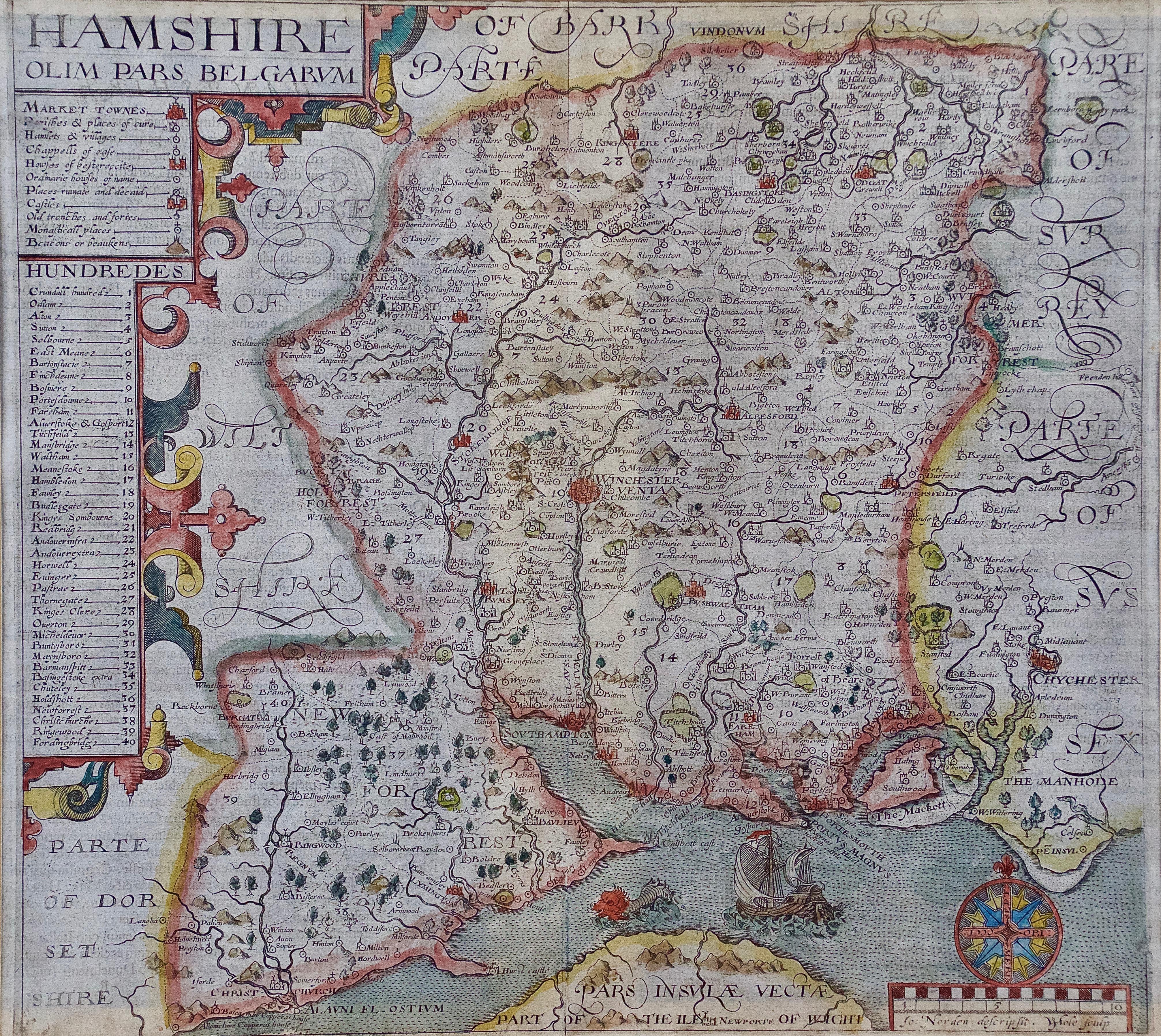 An early hand-colored map of Britain's Hampshire county, published in the 1607 edition of William Camden's great historical description of the British Isles, 