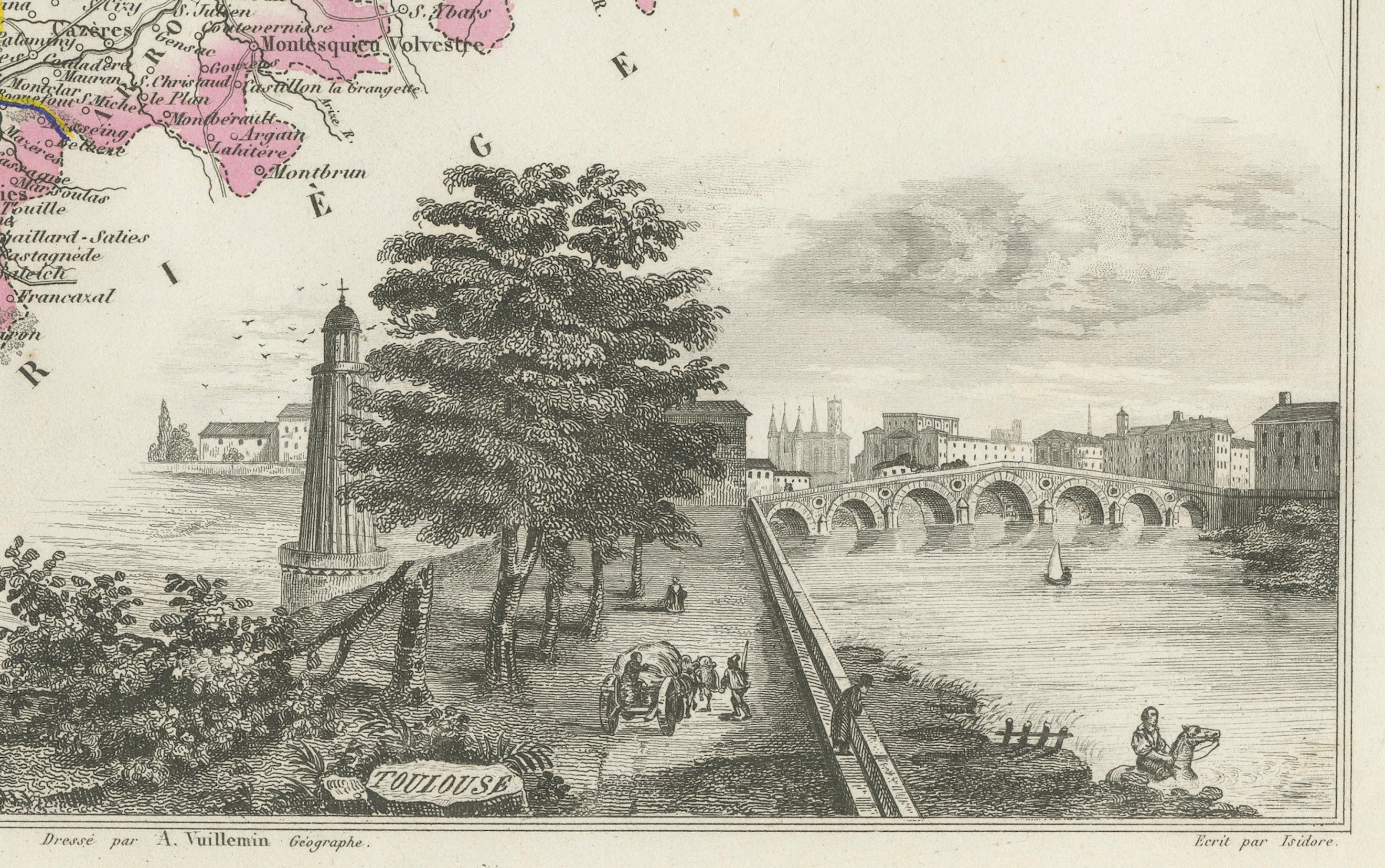 Engraved Map of Haute-Garonne France with Toulouse and Garonne River by Vuillemin, c.1850 For Sale