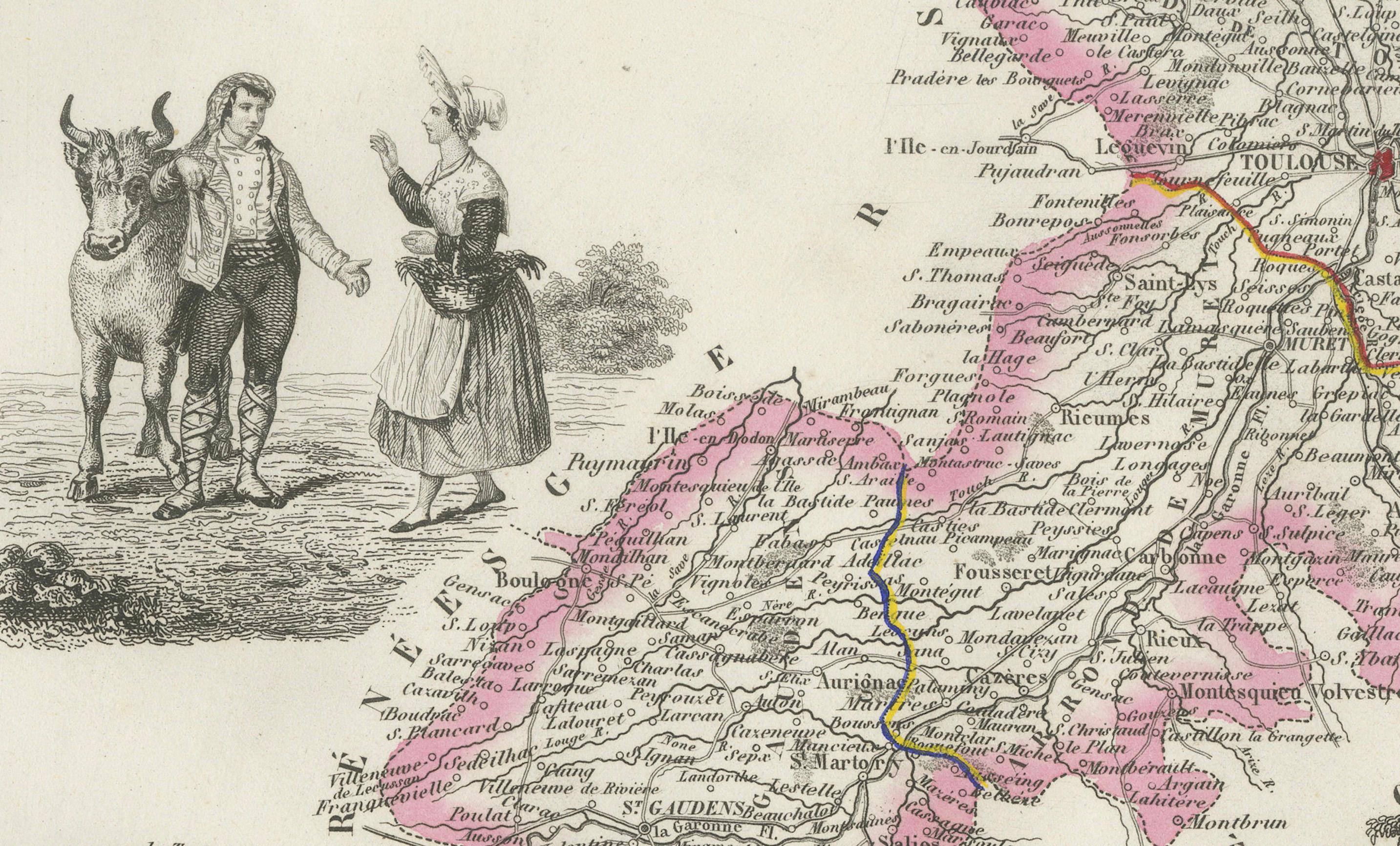 19th Century Map of Haute-Garonne France with Toulouse and Garonne River by Vuillemin, c.1850 For Sale