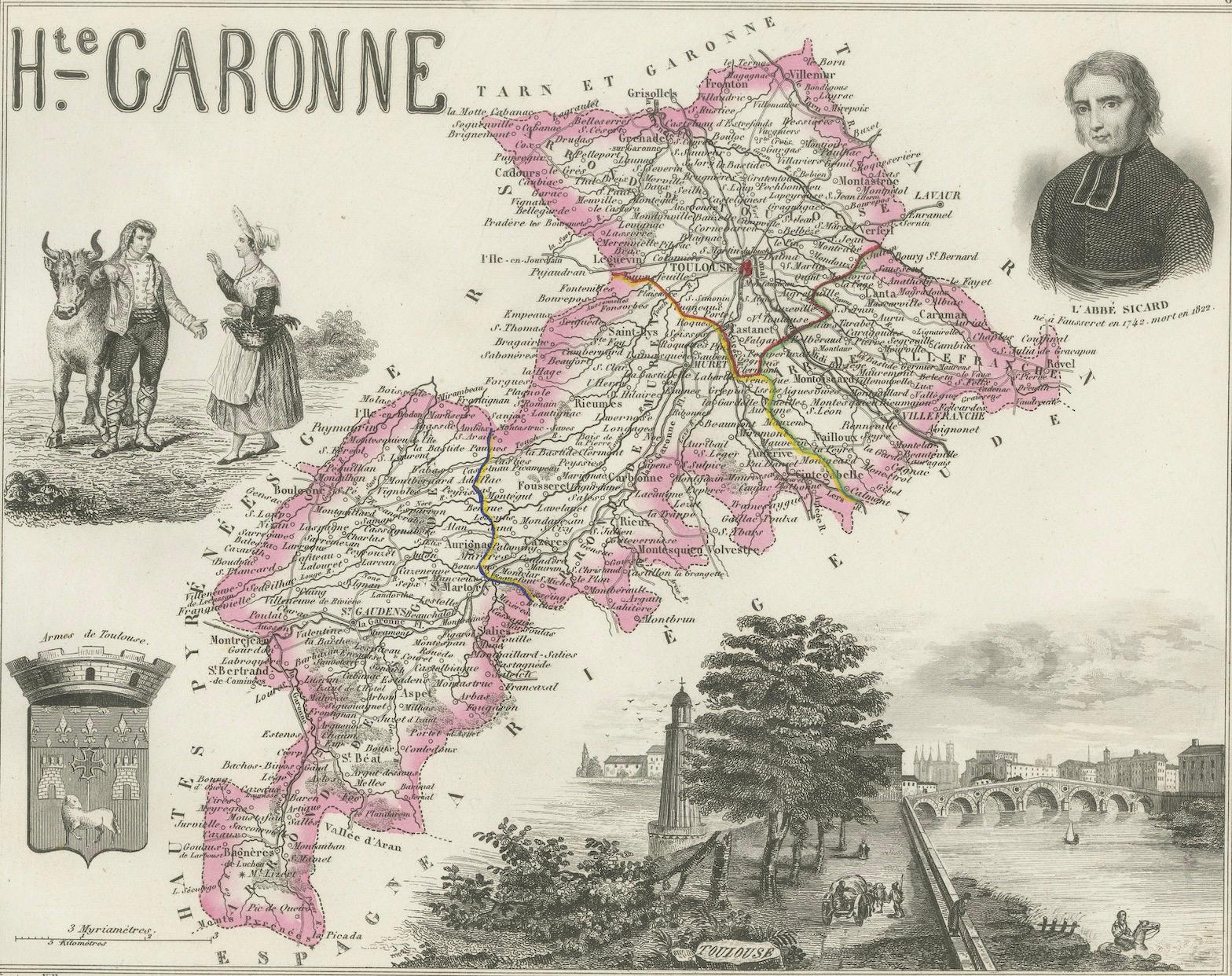 Paper Map of Haute-Garonne France with Toulouse and Garonne River by Vuillemin, c.1850 For Sale
