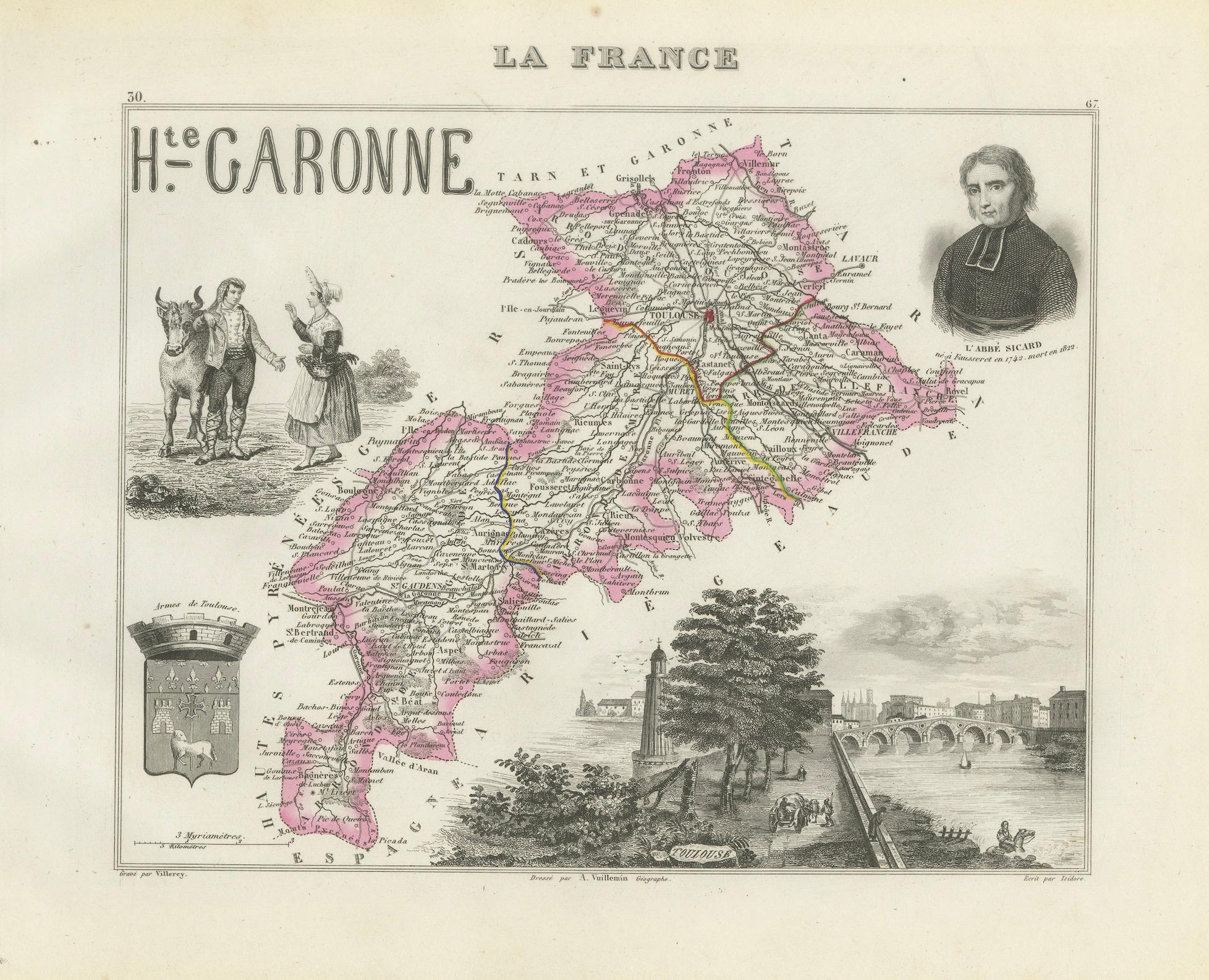 Map of Haute-Garonne France with Toulouse and Garonne River by Vuillemin, c.1850 For Sale 1