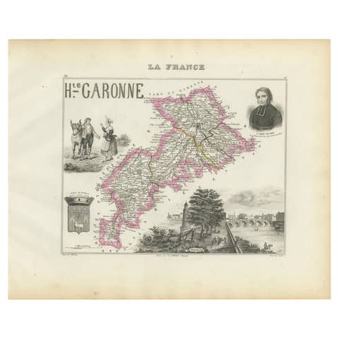 Map of Haute-Garonne France with Toulouse and Garonne River by Vuillemin, c.1850