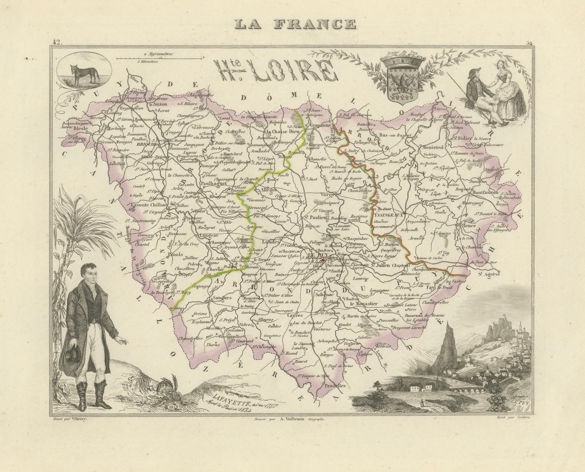 Carte de la Haute-Loire avec Le Puy-en-Velay par Velay, 19e C.

Cette carte du département de la Haute-Loire, située dans le centre-sud de la France et coloriée à la main au XIXe siècle, est tirée du Nouvel Atlas Illustré d'Alexandre Vuillemin,
