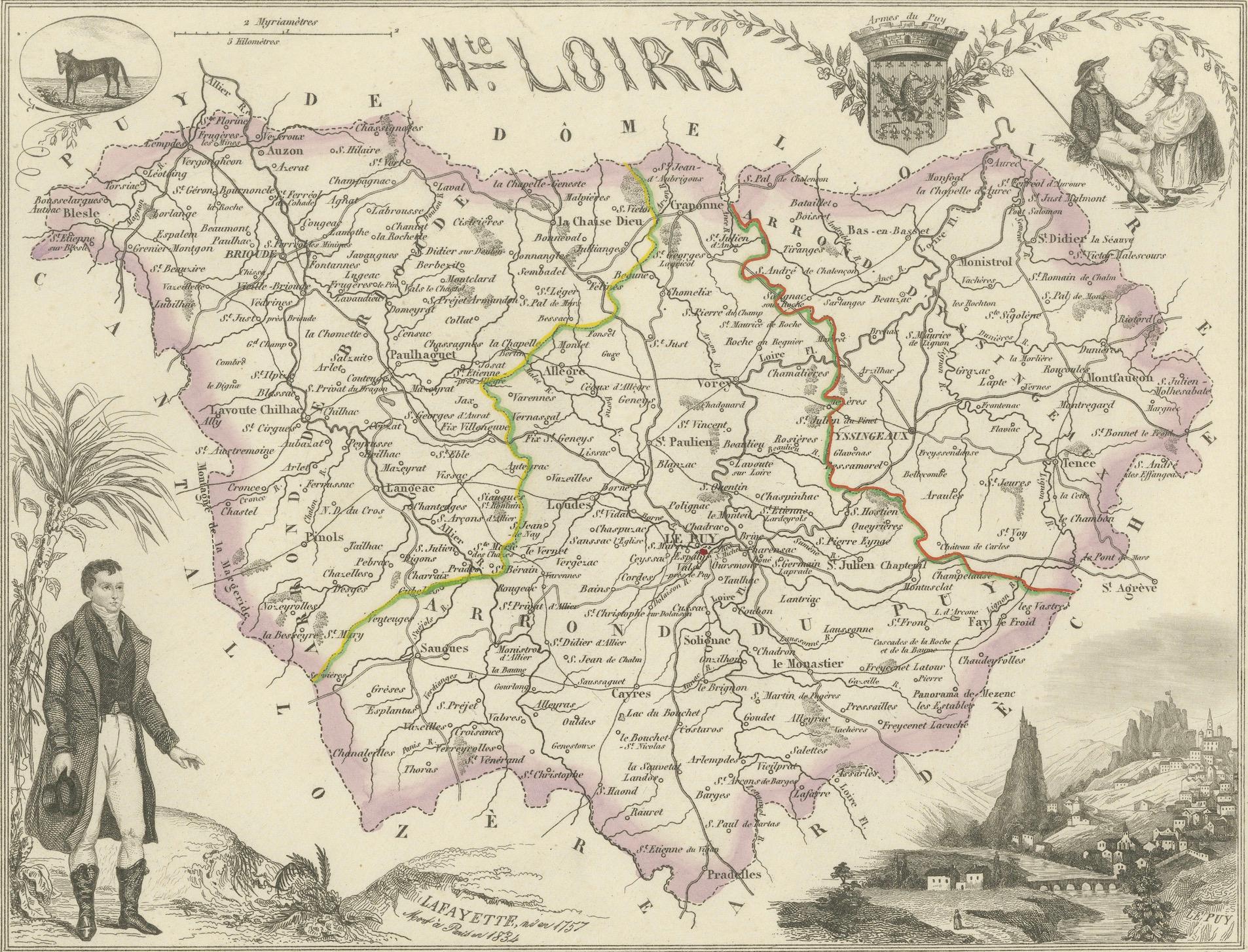 Français Carte de la Haute-Loire avec Le Puy-en-Velay par Velay, 19e C. en vente