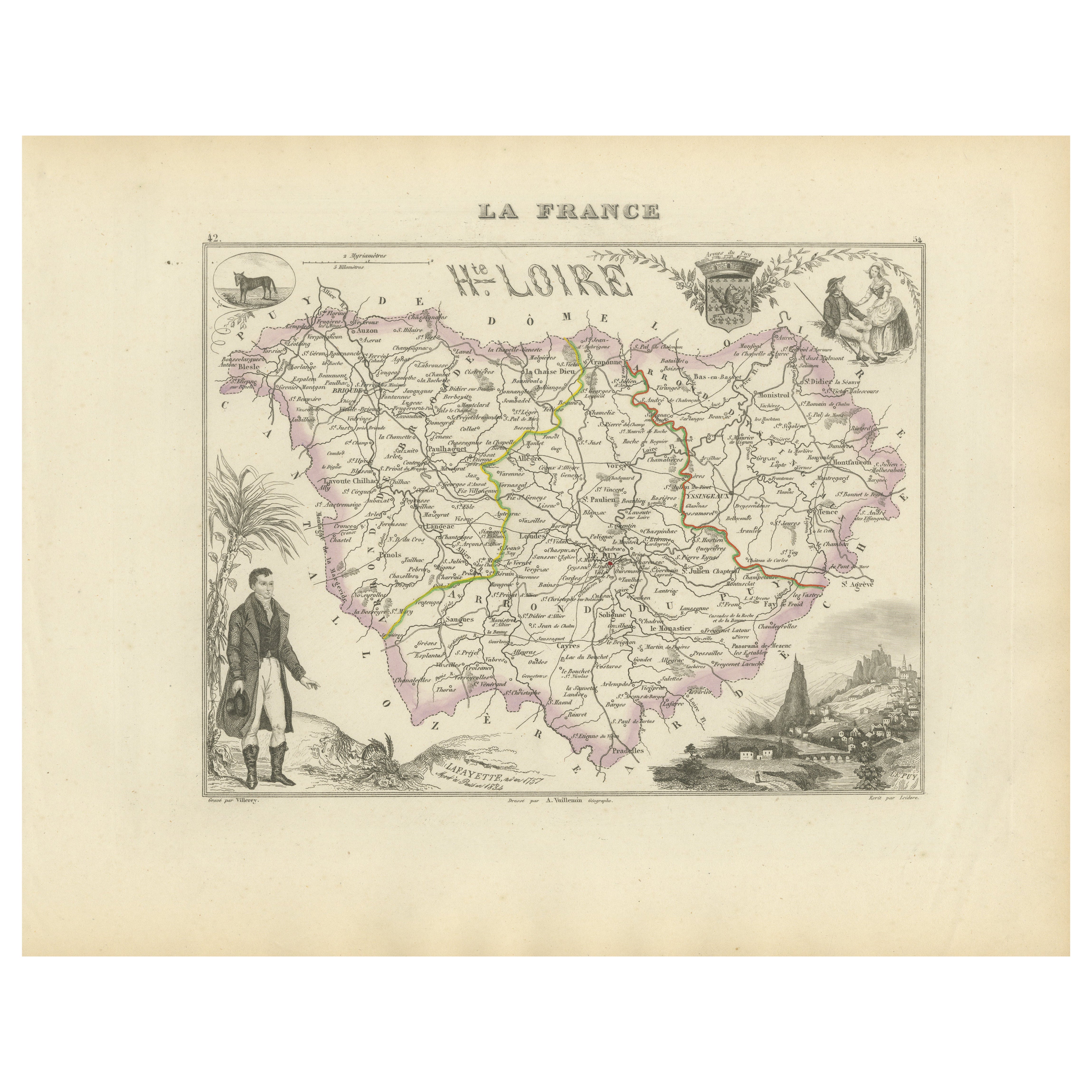 Carte de la Haute-Loire avec Le Puy-en-Velay par Velay, 19e C.