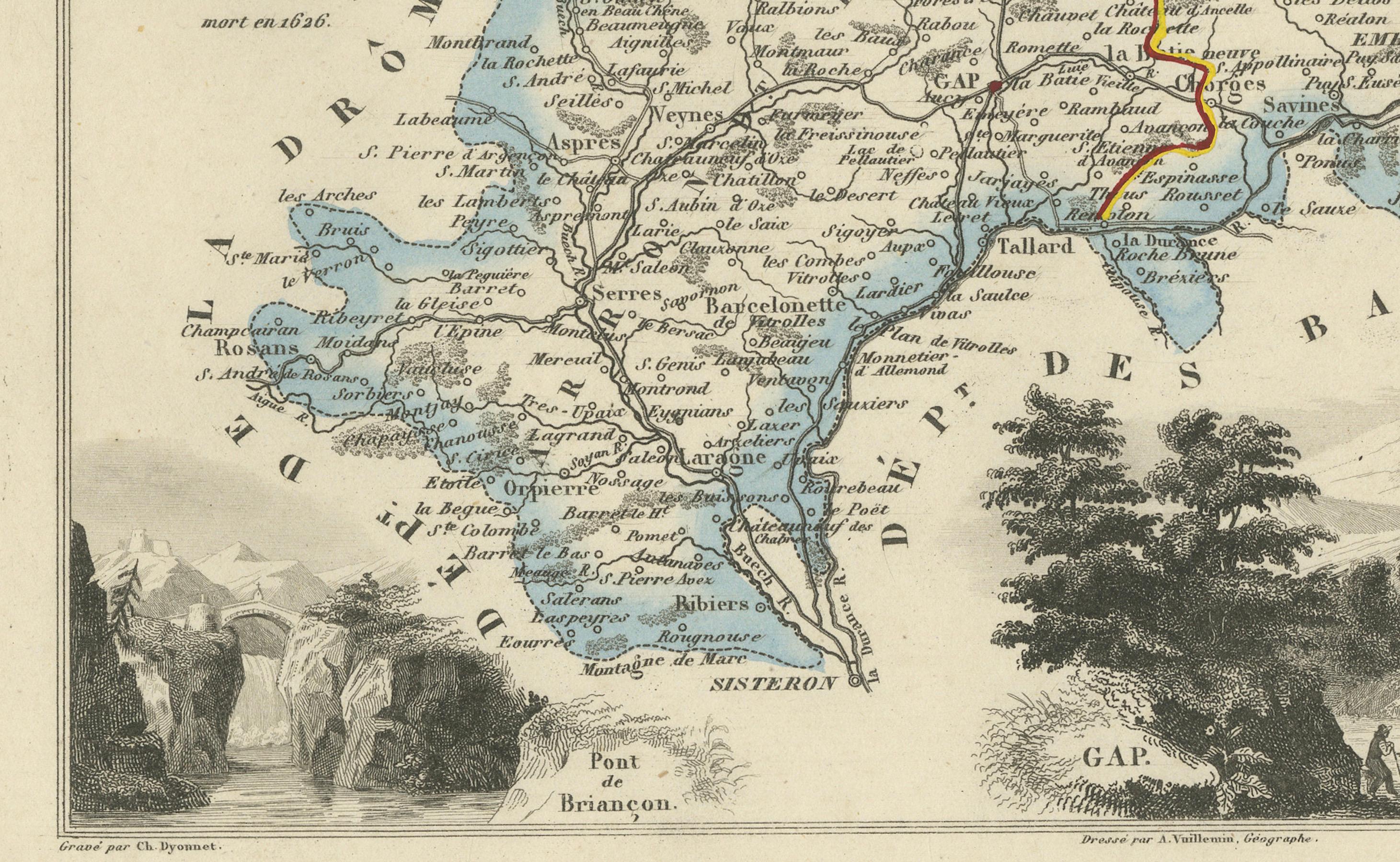 French Map of Hautes-Alpes France with Gap and Alpine Scenery by Vuillemin, c.1850 For Sale