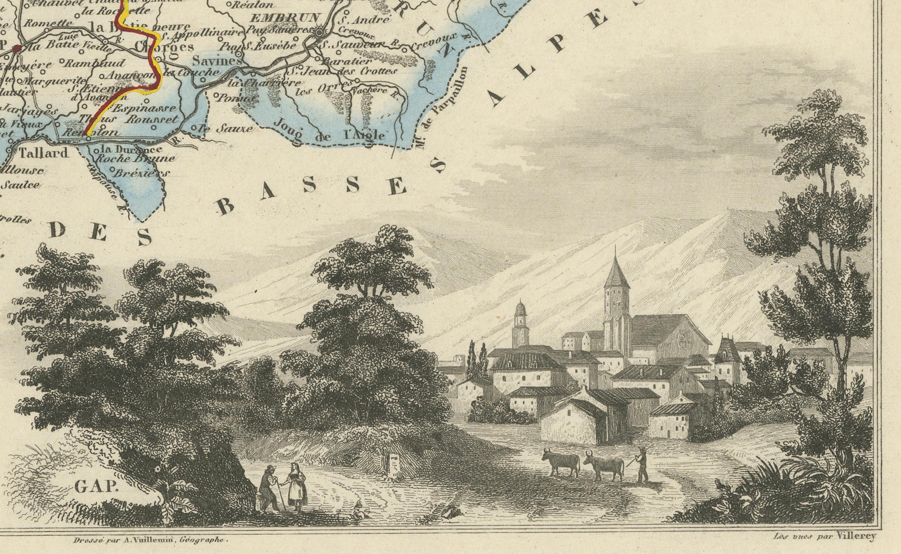 Engraved Map of Hautes-Alpes France with Gap and Alpine Scenery by Vuillemin, c.1850 For Sale