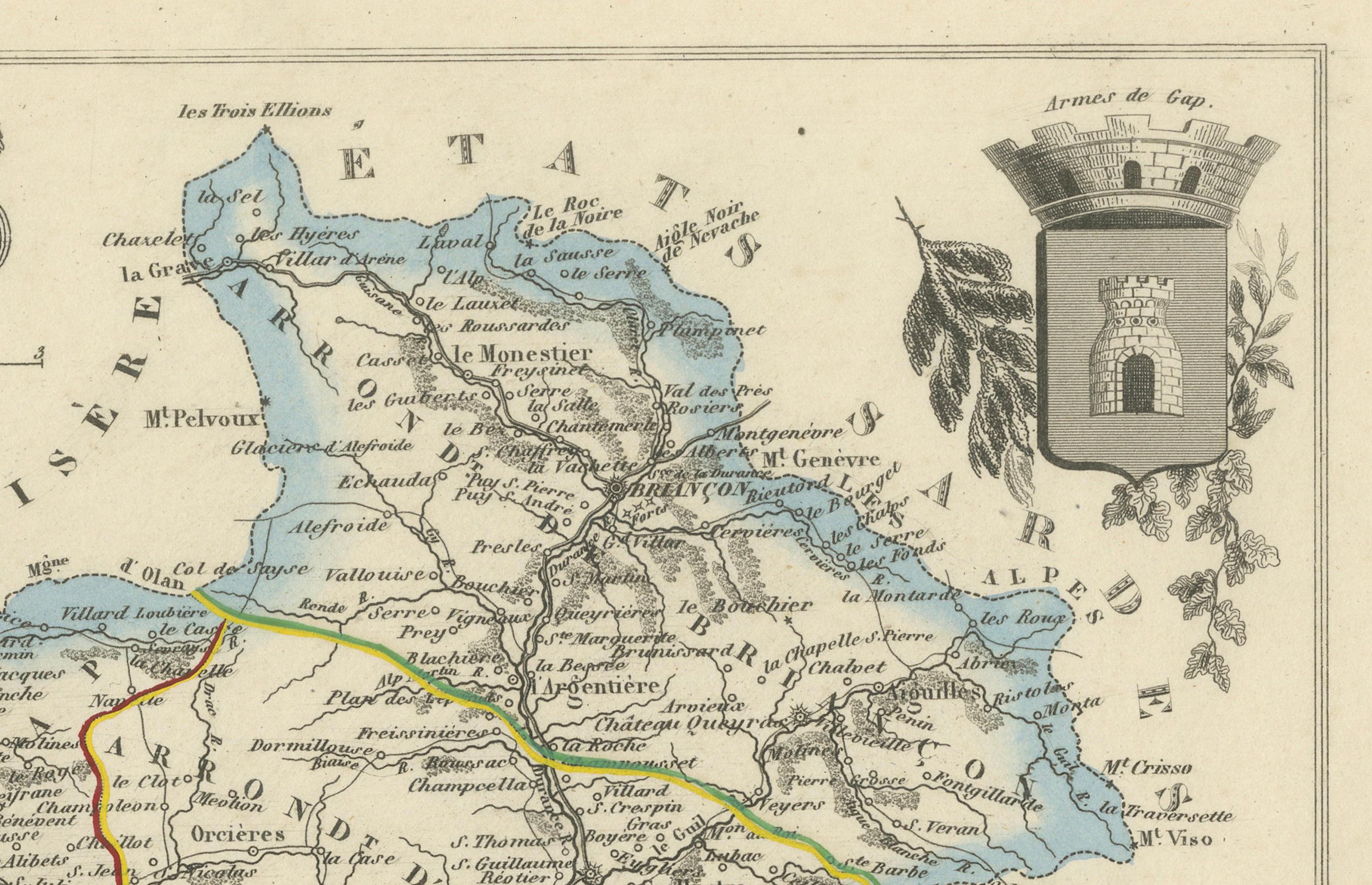 Map of Hautes-Alpes France with Gap and Alpine Scenery by Vuillemin, c.1850 In Good Condition For Sale In Langweer, NL
