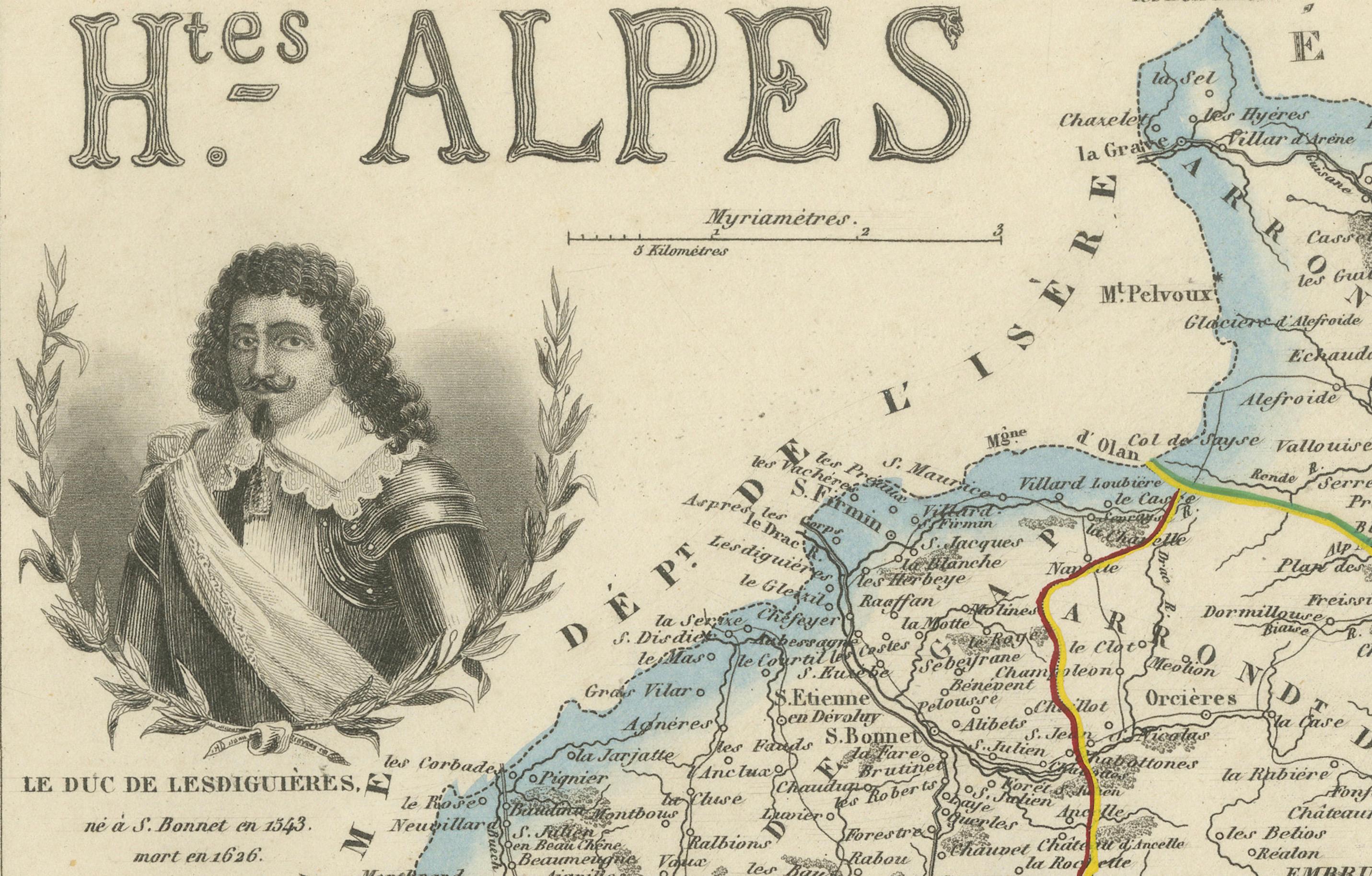 19th Century Map of Hautes-Alpes France with Gap and Alpine Scenery by Vuillemin, c.1850 For Sale