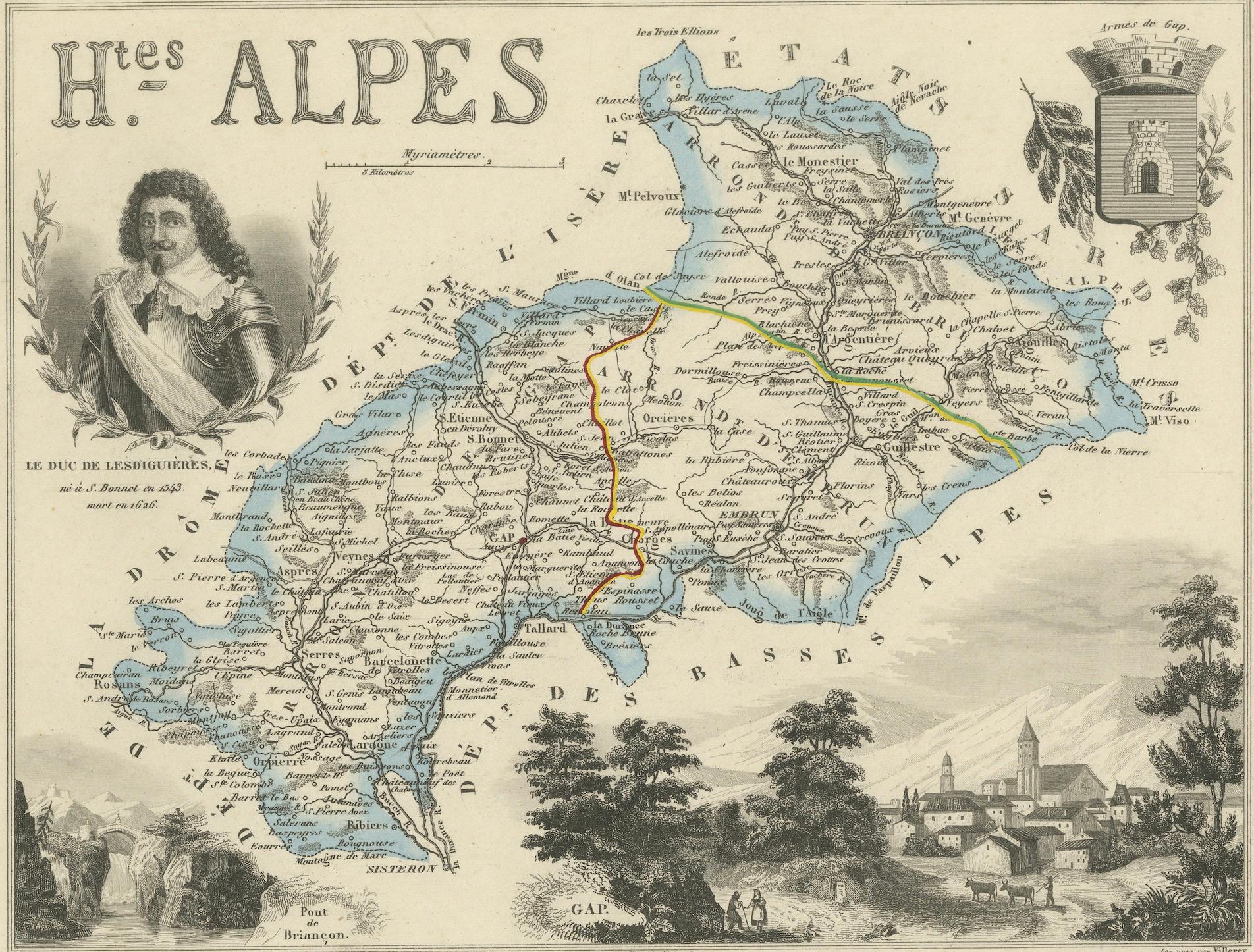 Paper Map of Hautes-Alpes France with Gap and Alpine Scenery by Vuillemin, c.1850 For Sale