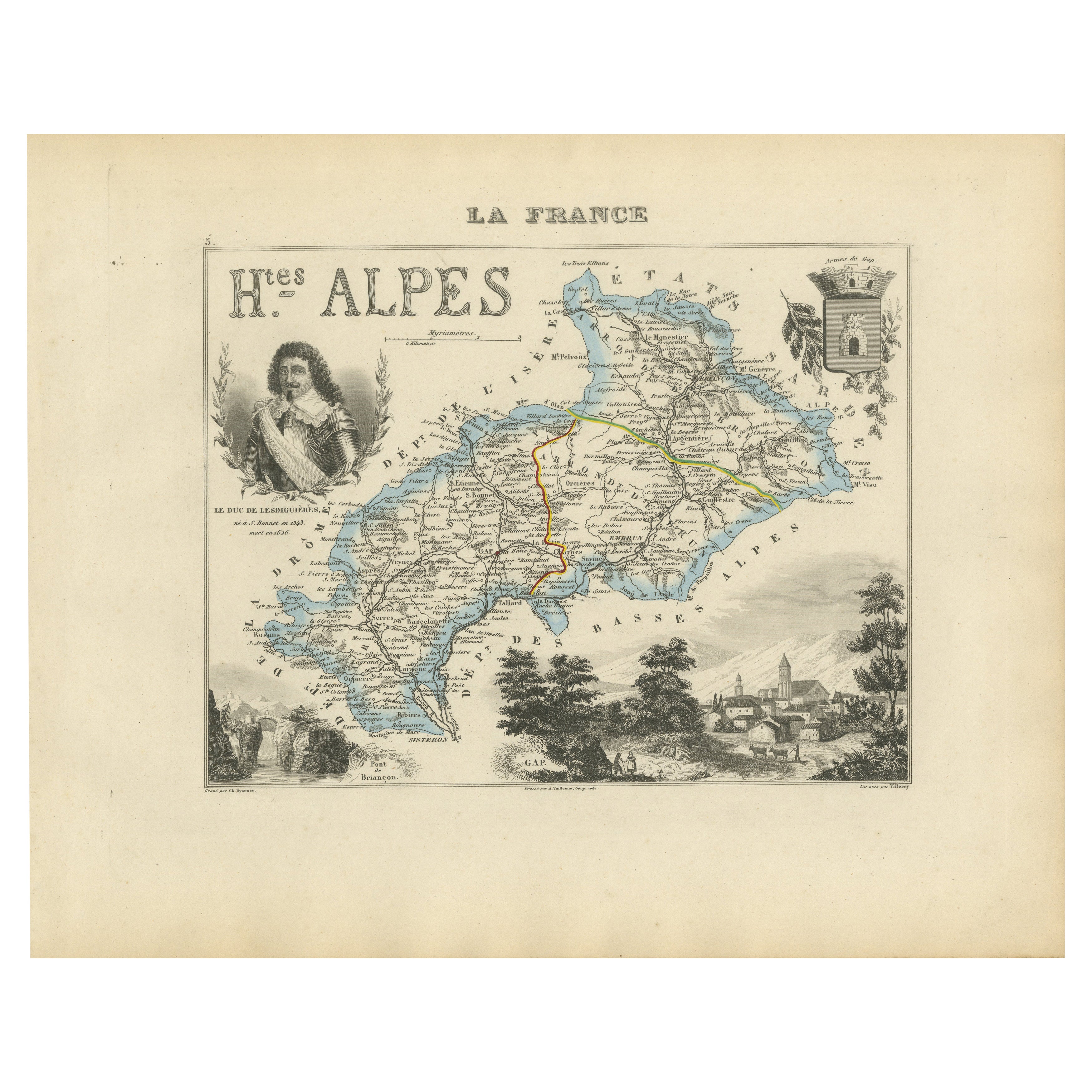 Map of Hautes-Alpes France with Gap and Alpine Scenery by Vuillemin, c.1850