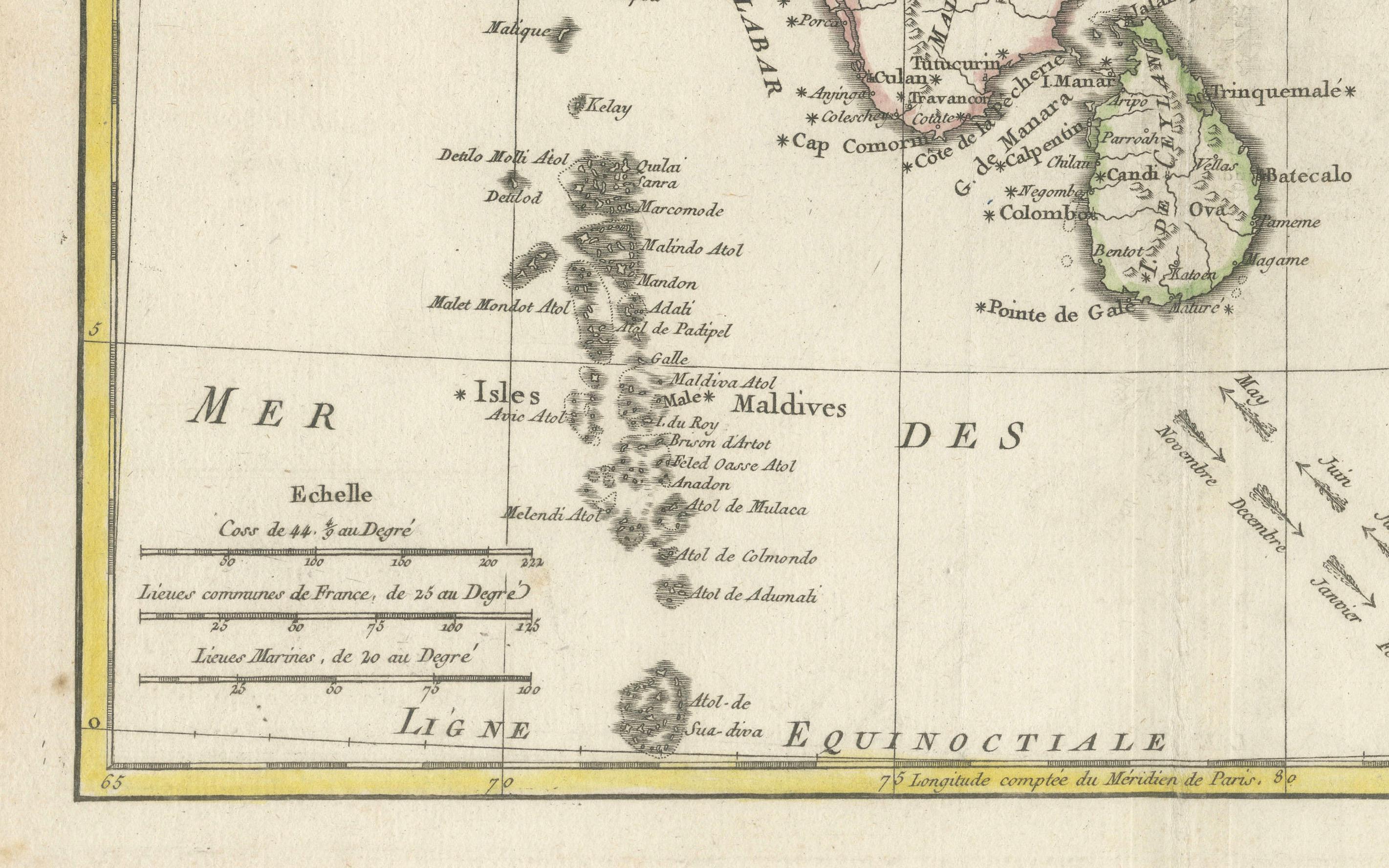 El mapa que se ofrece es un antiguo grabado en cobre de la India y Ceilán (Sri Lanka), creado por Rigobert Bonne (1727-1794), un destacado cartógrafo francés. Aquí tienes un desglose del mapa y sus características:

1. Ámbito geográfico:
   - El