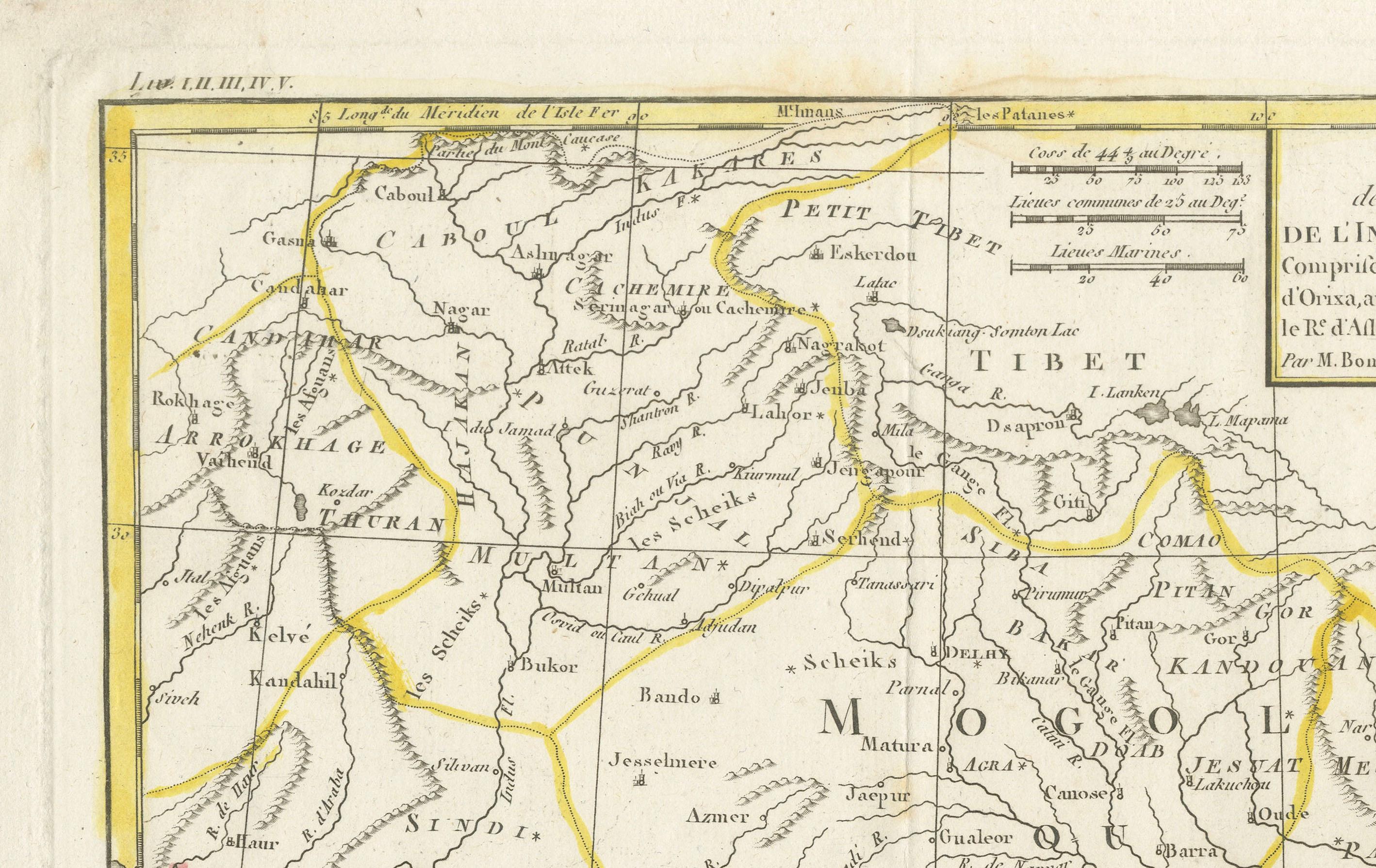 Mapa de la India y Ceilán con Calcuta y el Ganges, por Bonne, 1780 Grabado en venta