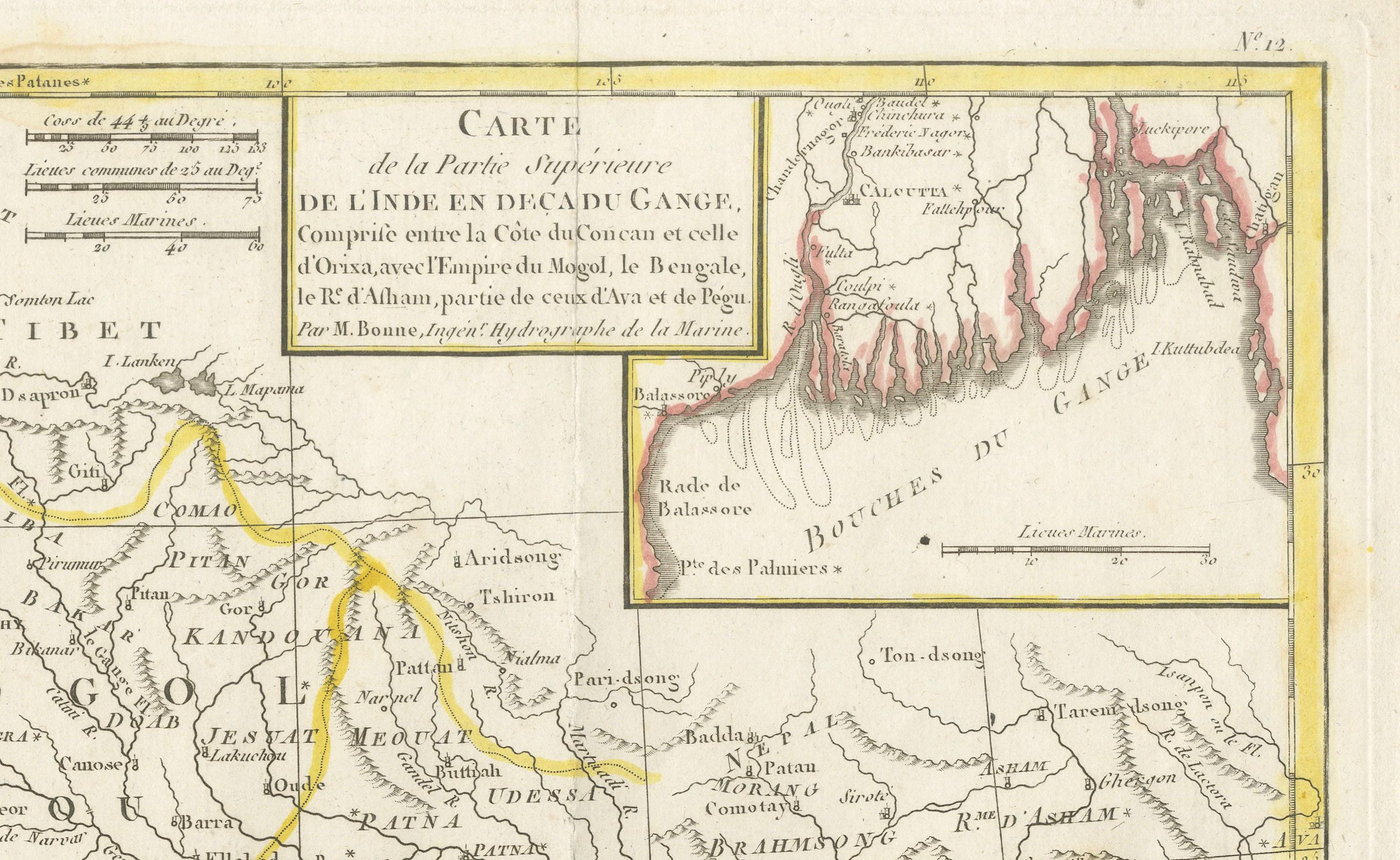 Mapa de la India y Ceilán con Calcuta y el Ganges, por Bonne, 1780 en Bueno estado para la venta en Langweer, NL