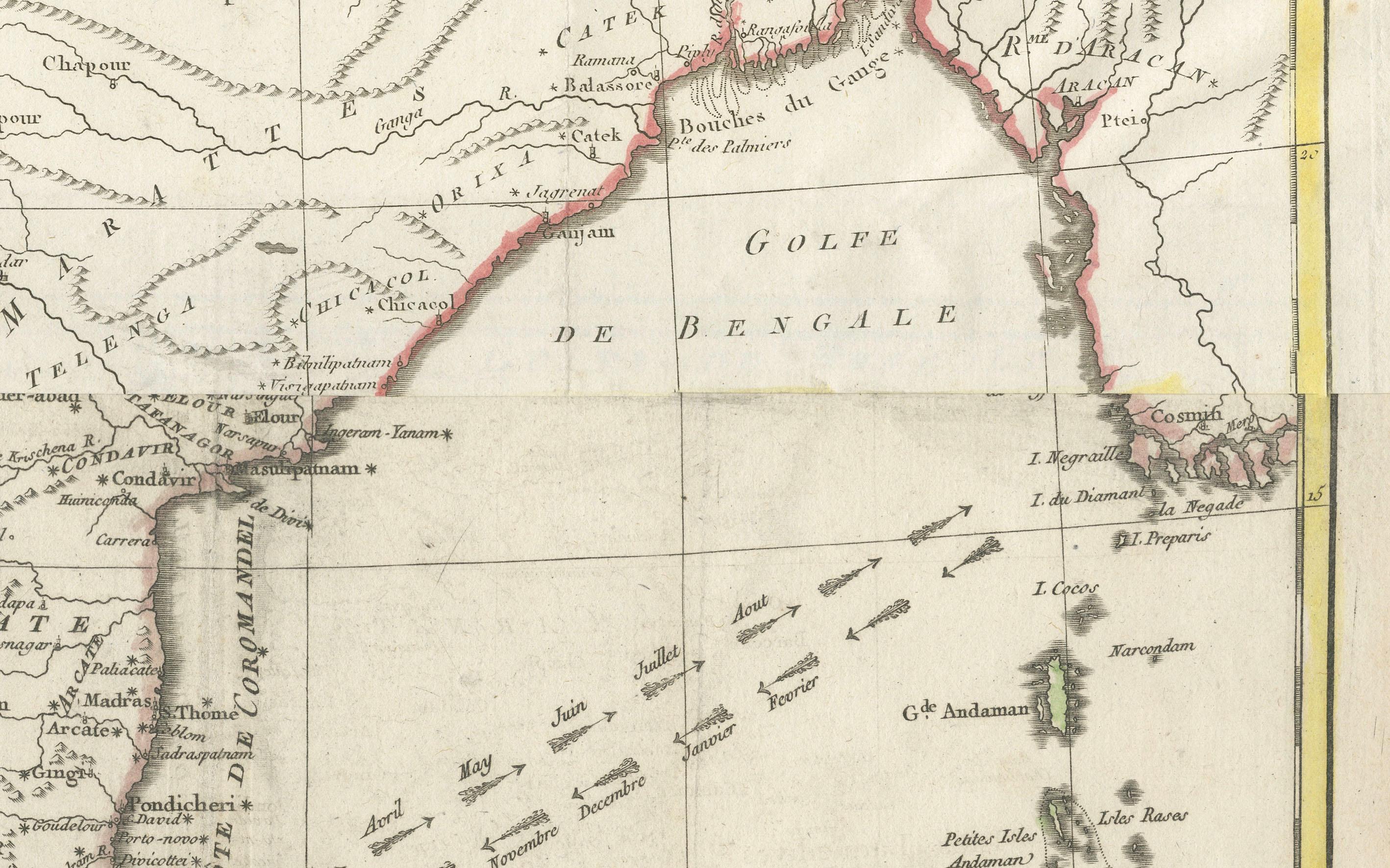 Mapa de la India y Ceilán con Calcuta y el Ganges, por Bonne, 1780 finales del siglo XVIII en venta