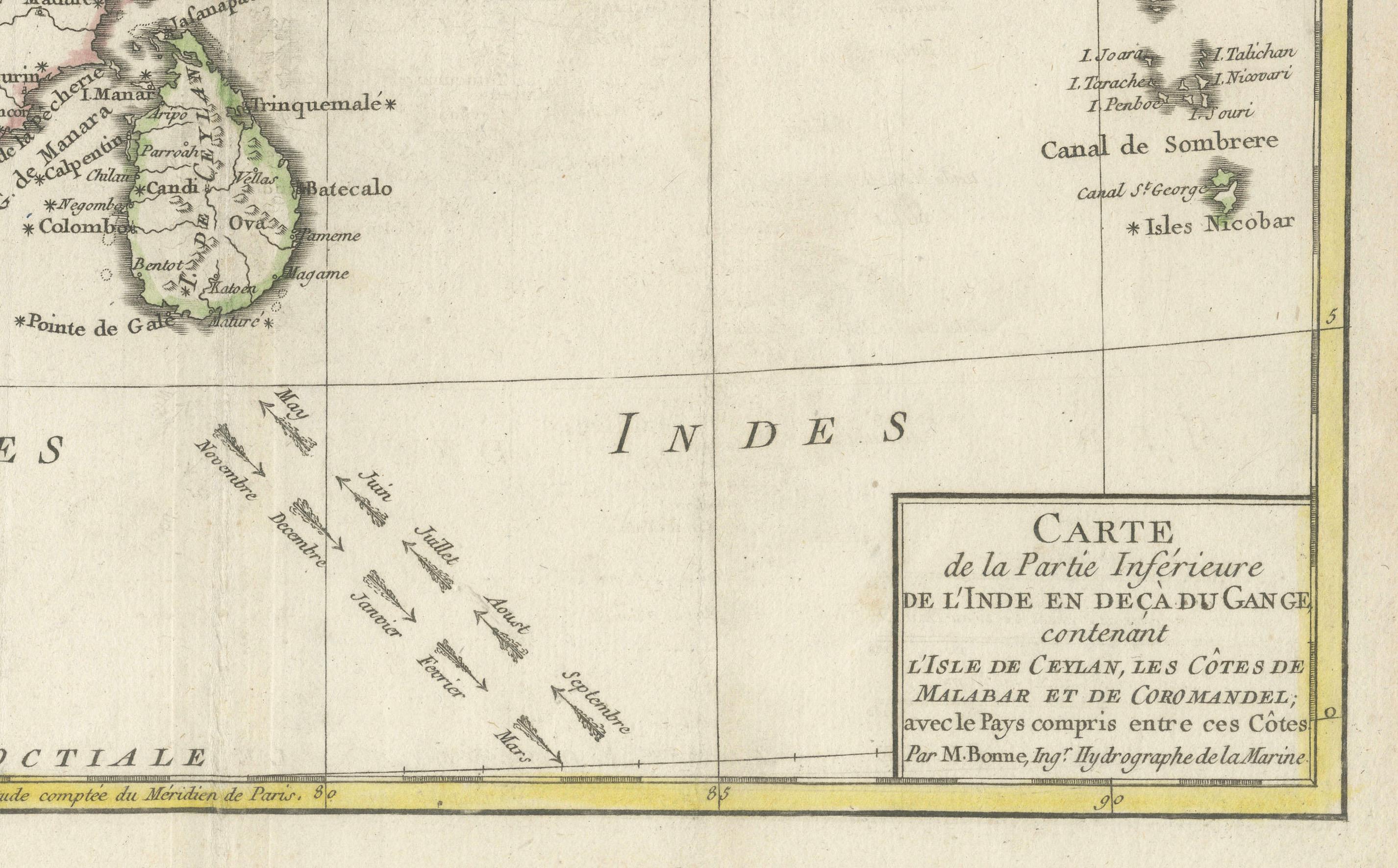 Mapa de la India y Ceilán con Calcuta y el Ganges, por Bonne, 1780 Papel en venta