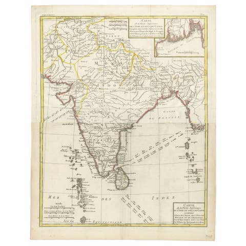 Map of India and Ceylon with Inset of Calcutta and the Ganges, by Bonne, 1780