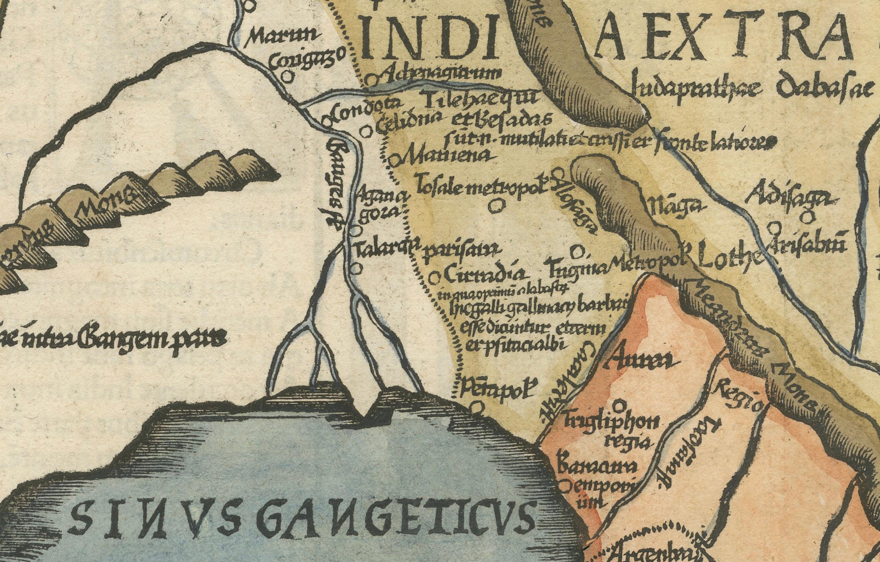 Map of India and Southeast Asia from Ptolemaic Geography – 16th Century Woodcut

This remarkable hand-colored woodcut map, originally designed according to the geographical knowledge of Claudius Ptolemy, offers a fascinating and highly stylized