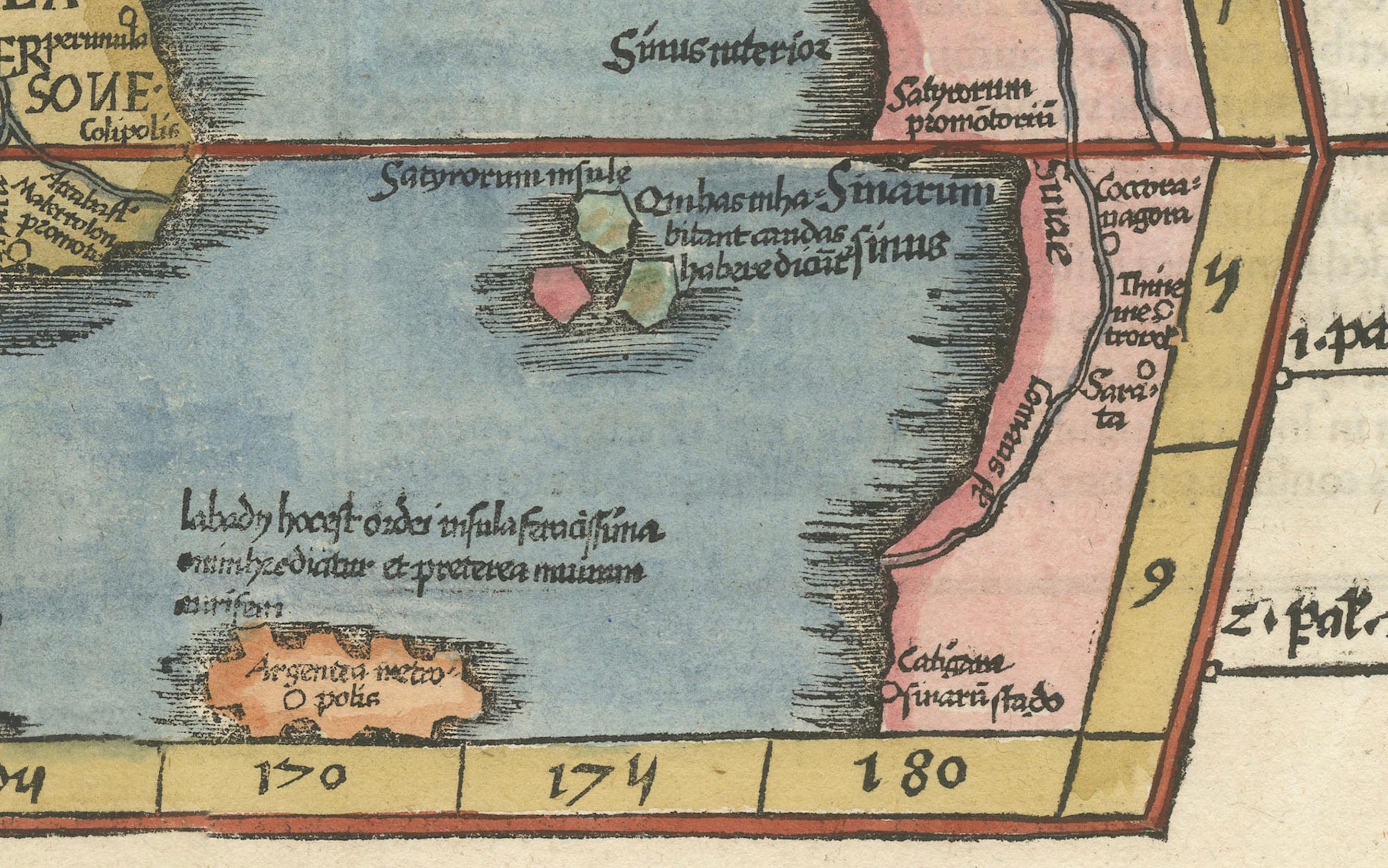 Map of India and Southeast Asia from Ptolemaic Geography – 16th Century Woodcut In Good Condition For Sale In Langweer, NL
