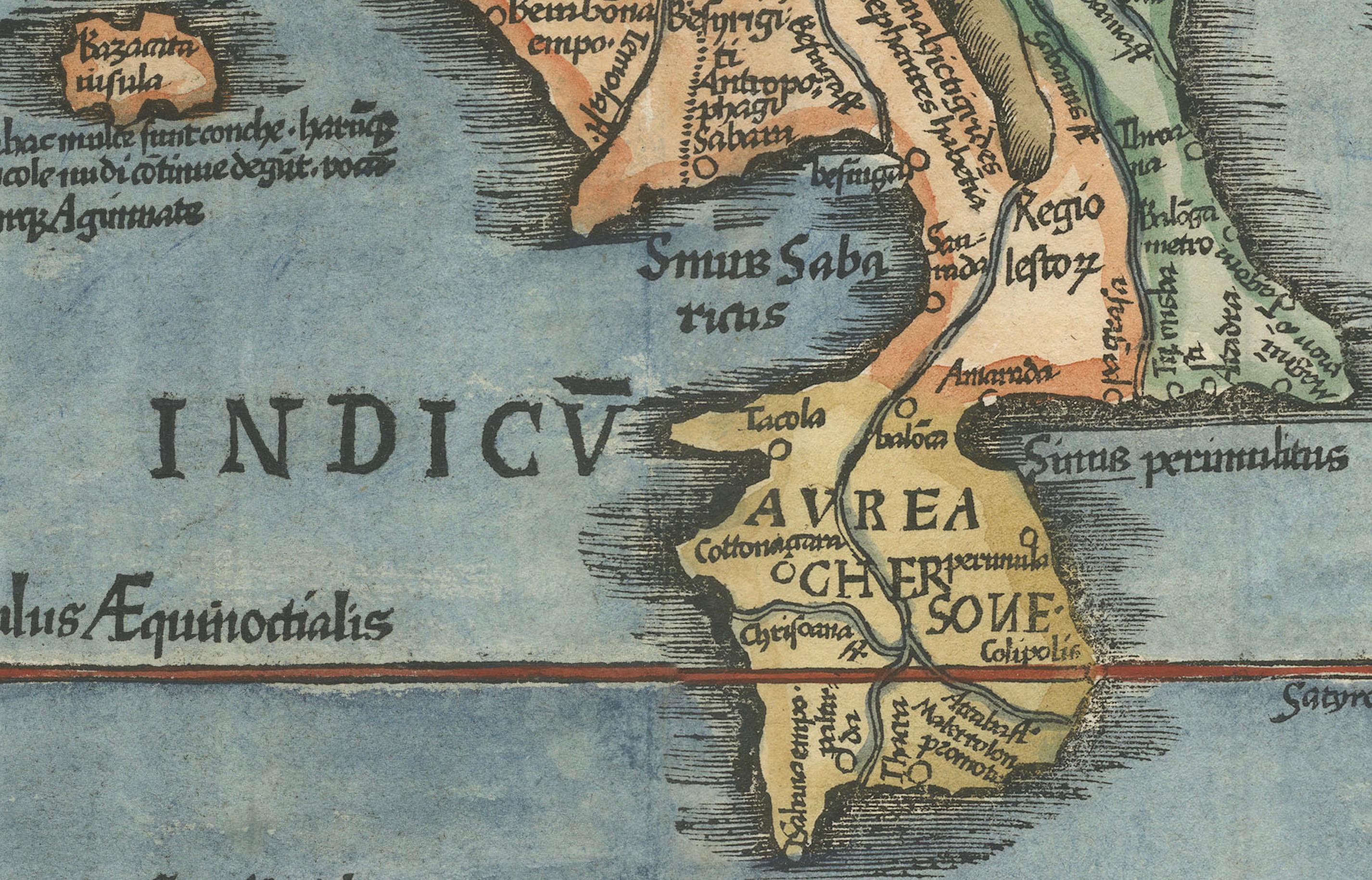 18th Century and Earlier Map of India and Southeast Asia from Ptolemaic Geography – 16th Century Woodcut For Sale