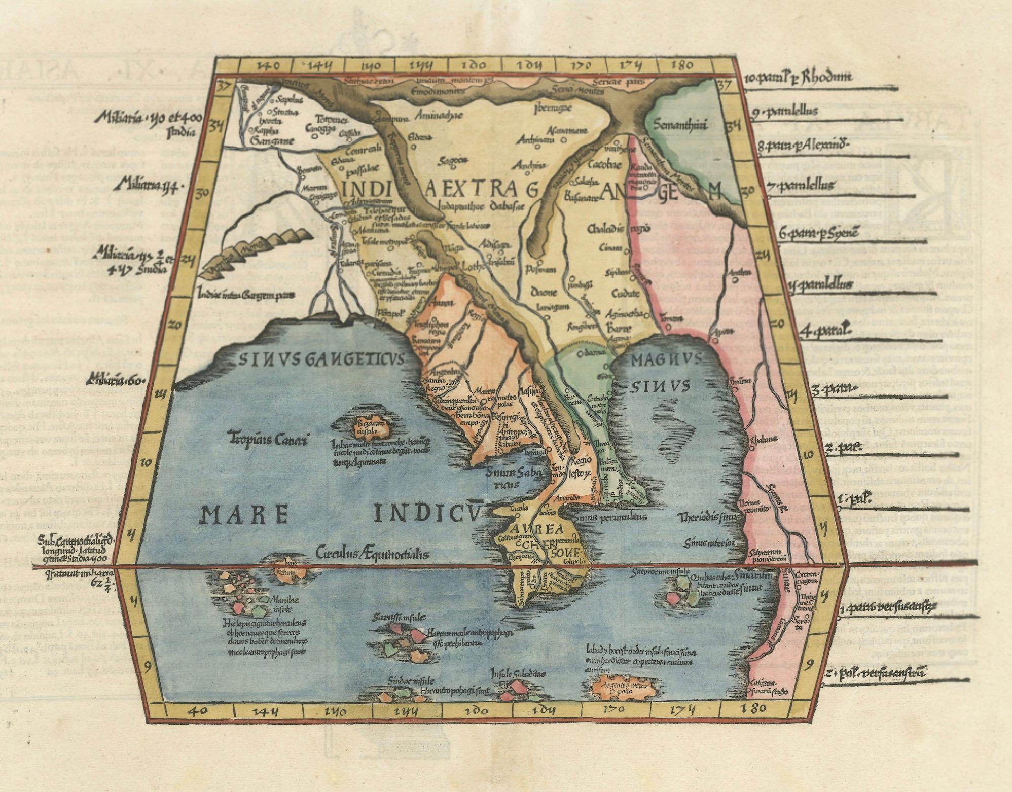 Paper Map of India and Southeast Asia from Ptolemaic Geography – 16th Century Woodcut For Sale