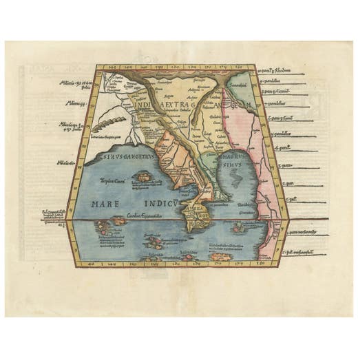 Map of India and Southeast Asia from Ptolemaic Geography – 16th Century Woodcut