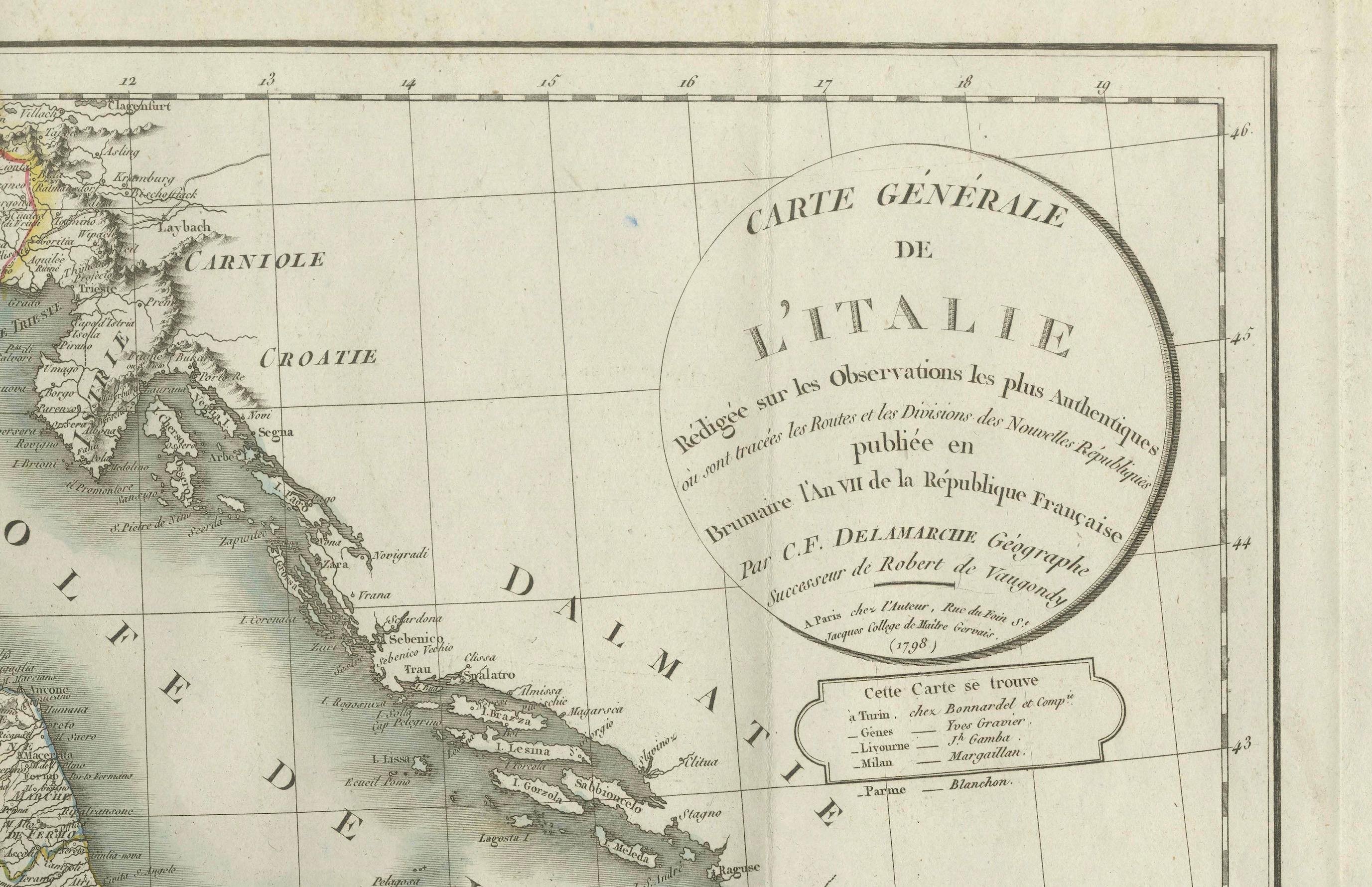 Paper Map of Italy and Neighboring Regions by Delamarche – Antique Map, c.1800 For Sale