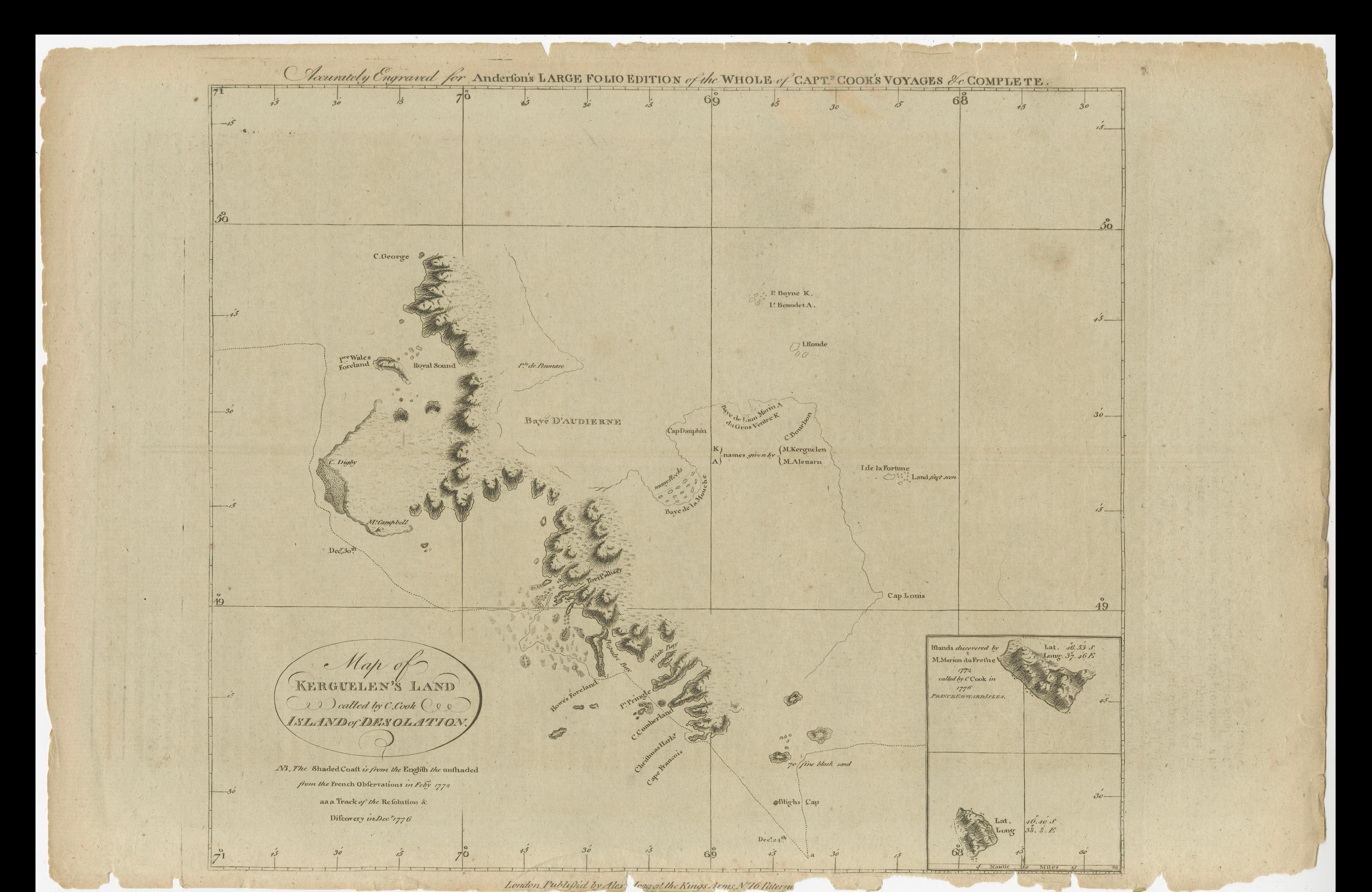 Engraved Map of Kerguelen’s Land: The Island of Desolation Explored by Captain Cook For Sale