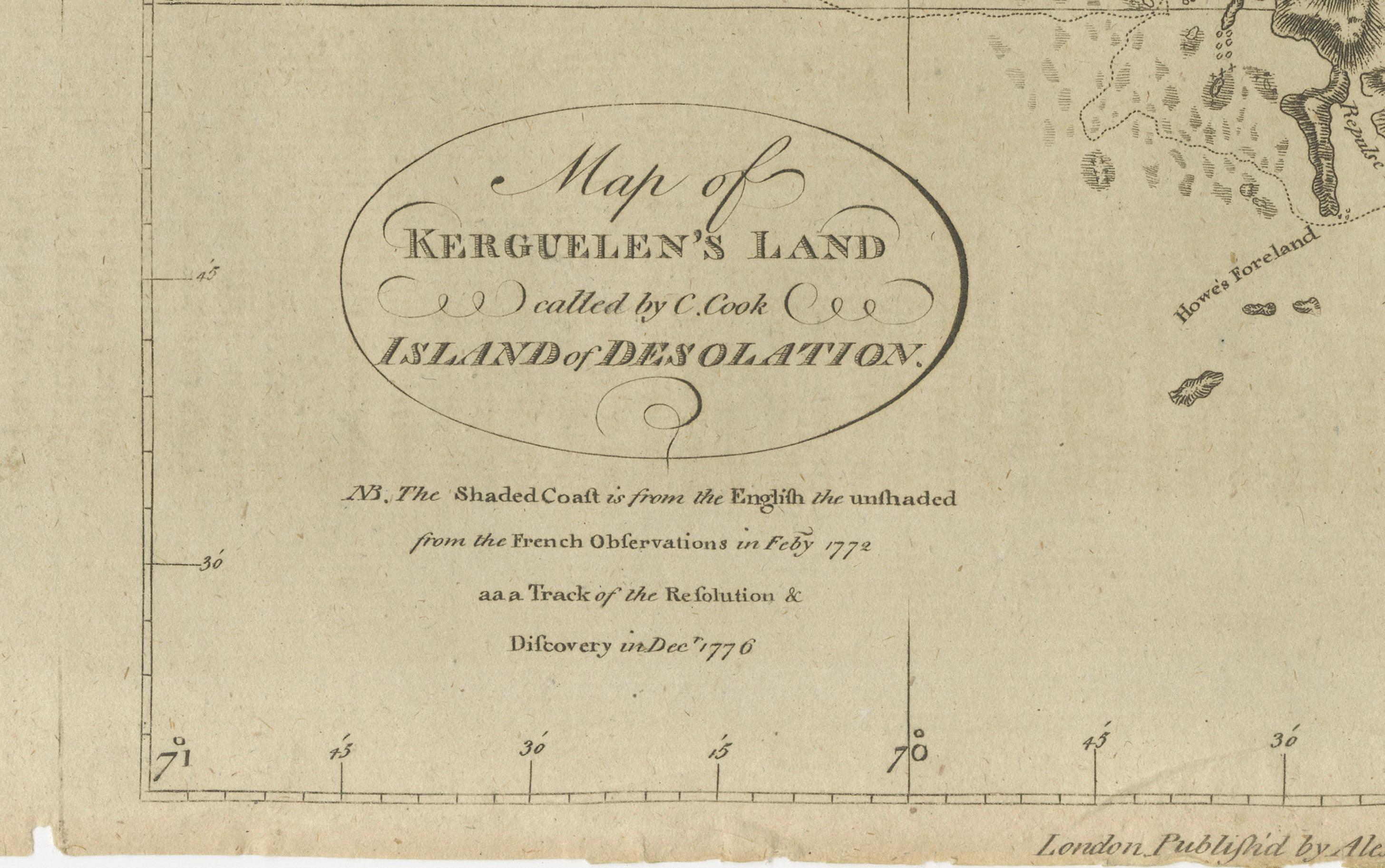 Paper Map of Kerguelen’s Land: The Island of Desolation Explored by Captain Cook For Sale