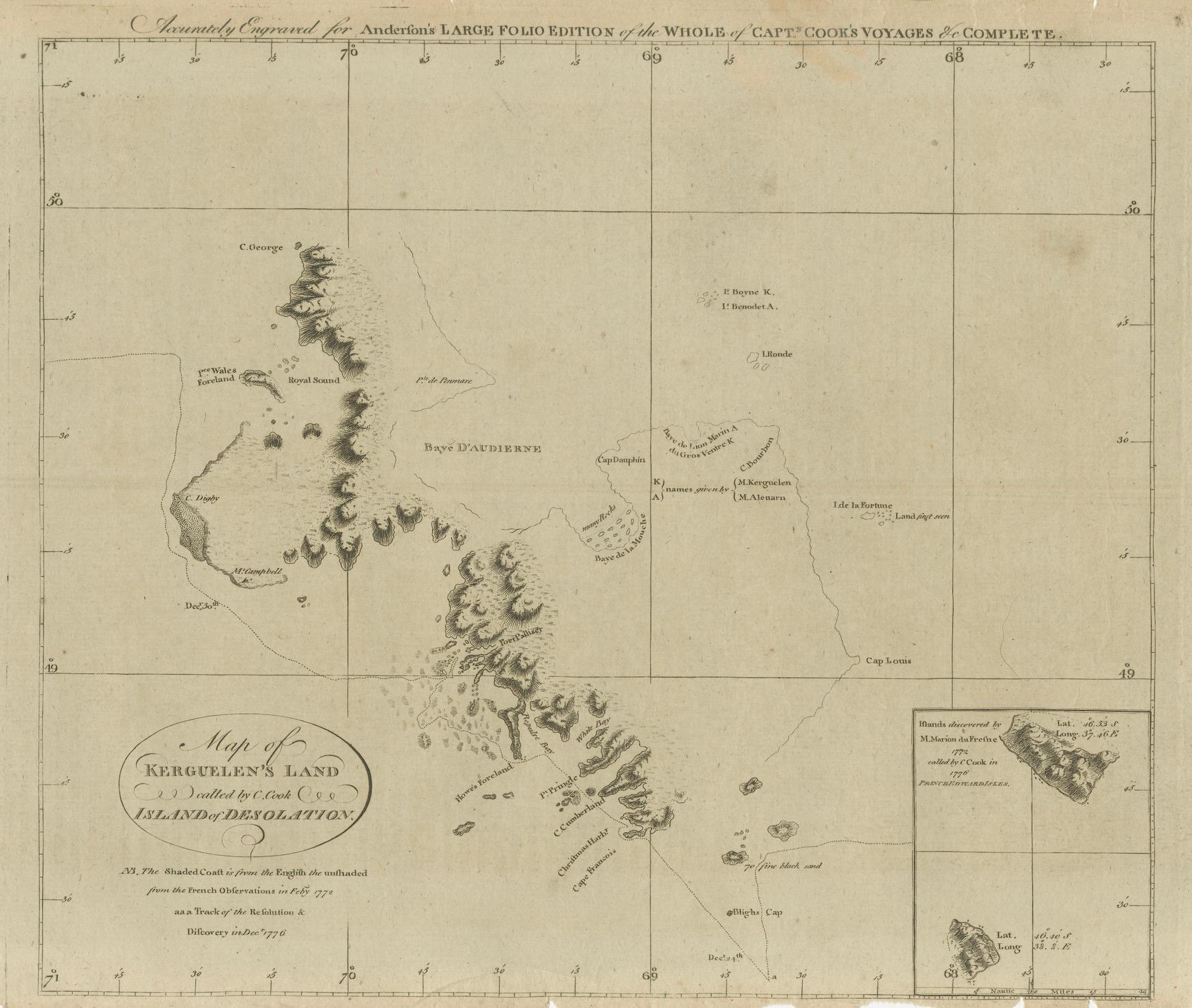 Map of Kerguelen’s Land: The Island of Desolation Explored by Captain Cook For Sale 2