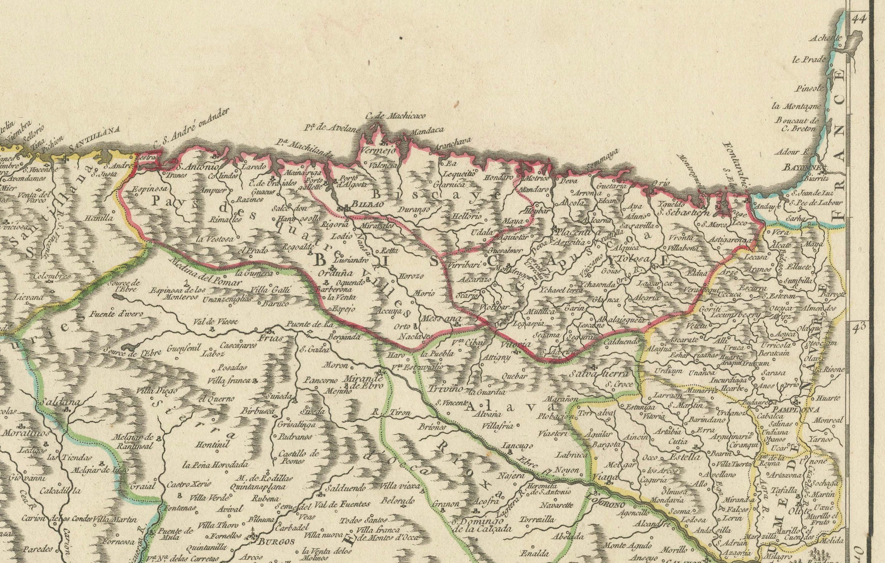 18th Century Map of Kingdoms of Castile, León, Galicia, Asturias, Biscay and Navarre in Spain For Sale