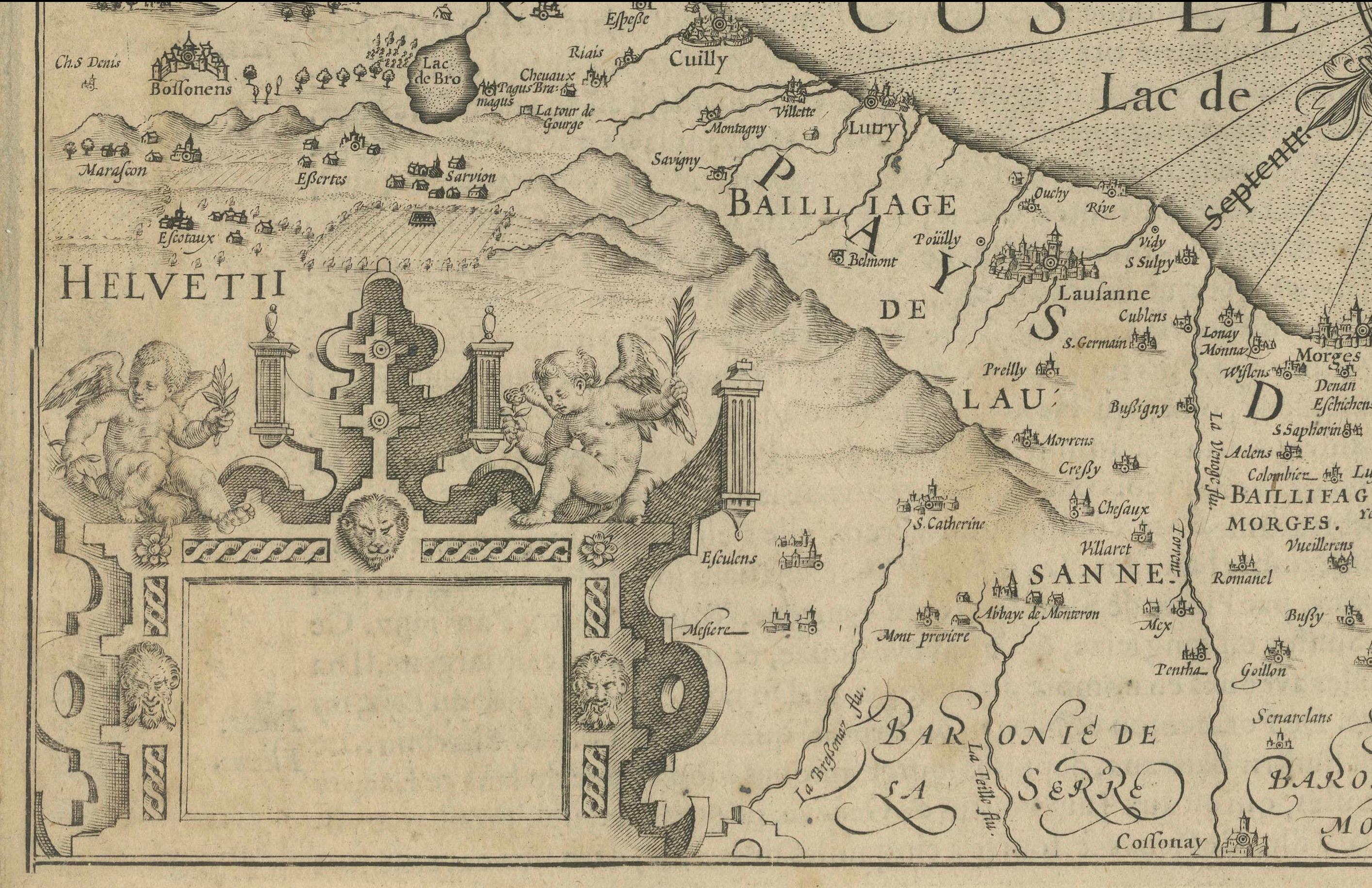 Mapa del lago Lemán y sus alrededores por Hondius, Región de Ginebra, 1606

Este raro e intrincado mapa grabado, titulado *Chorographica Tabula Lacus Lemanni Locorumque Circumiacentium*, fue creado por Jodocus Hondius y publicado por primera vez en