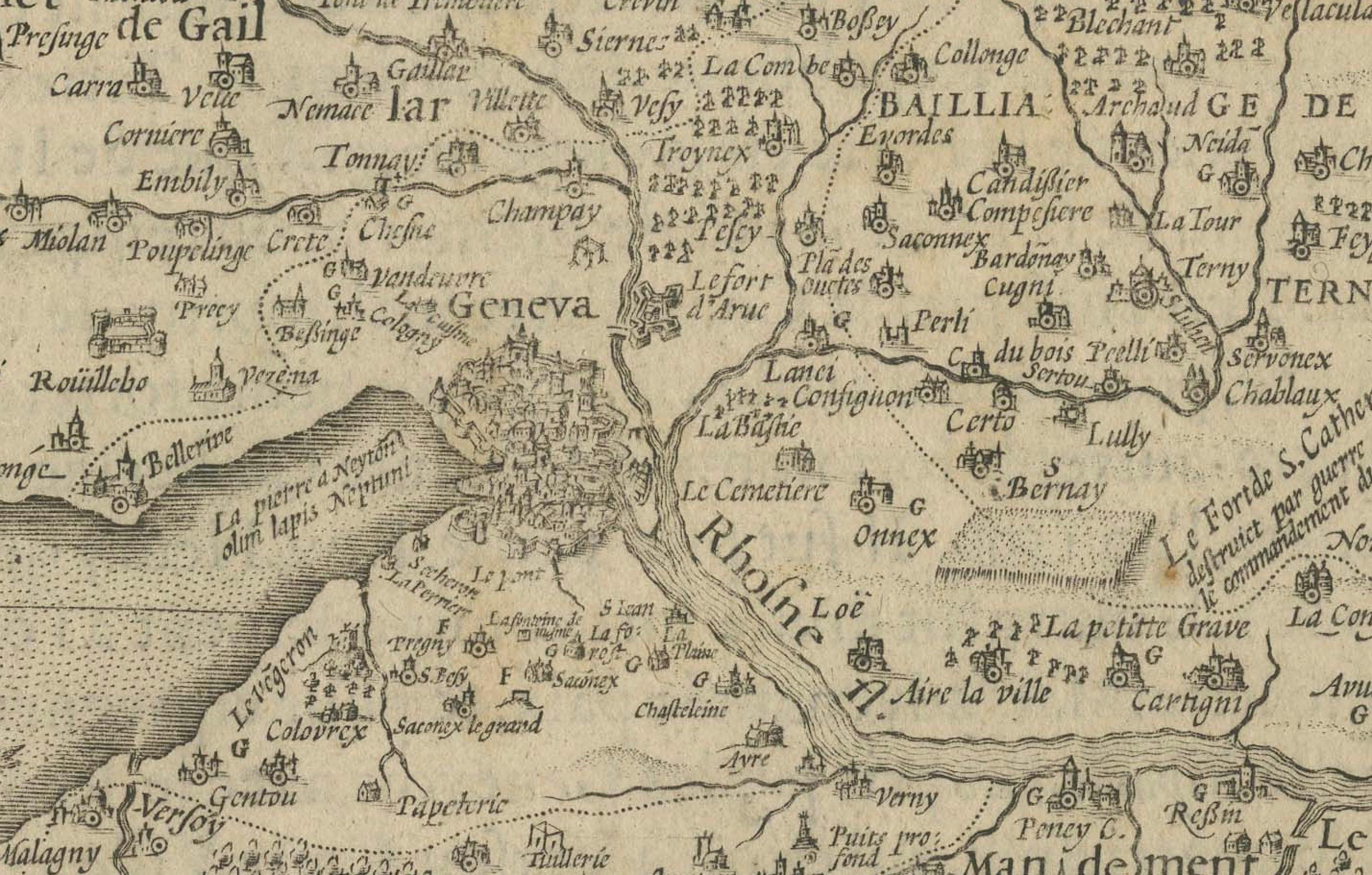 Mapa del lago Lemán y sus alrededores por Hondius, Región de Ginebra, hacia 1612 en Bueno estado para la venta en Langweer, NL