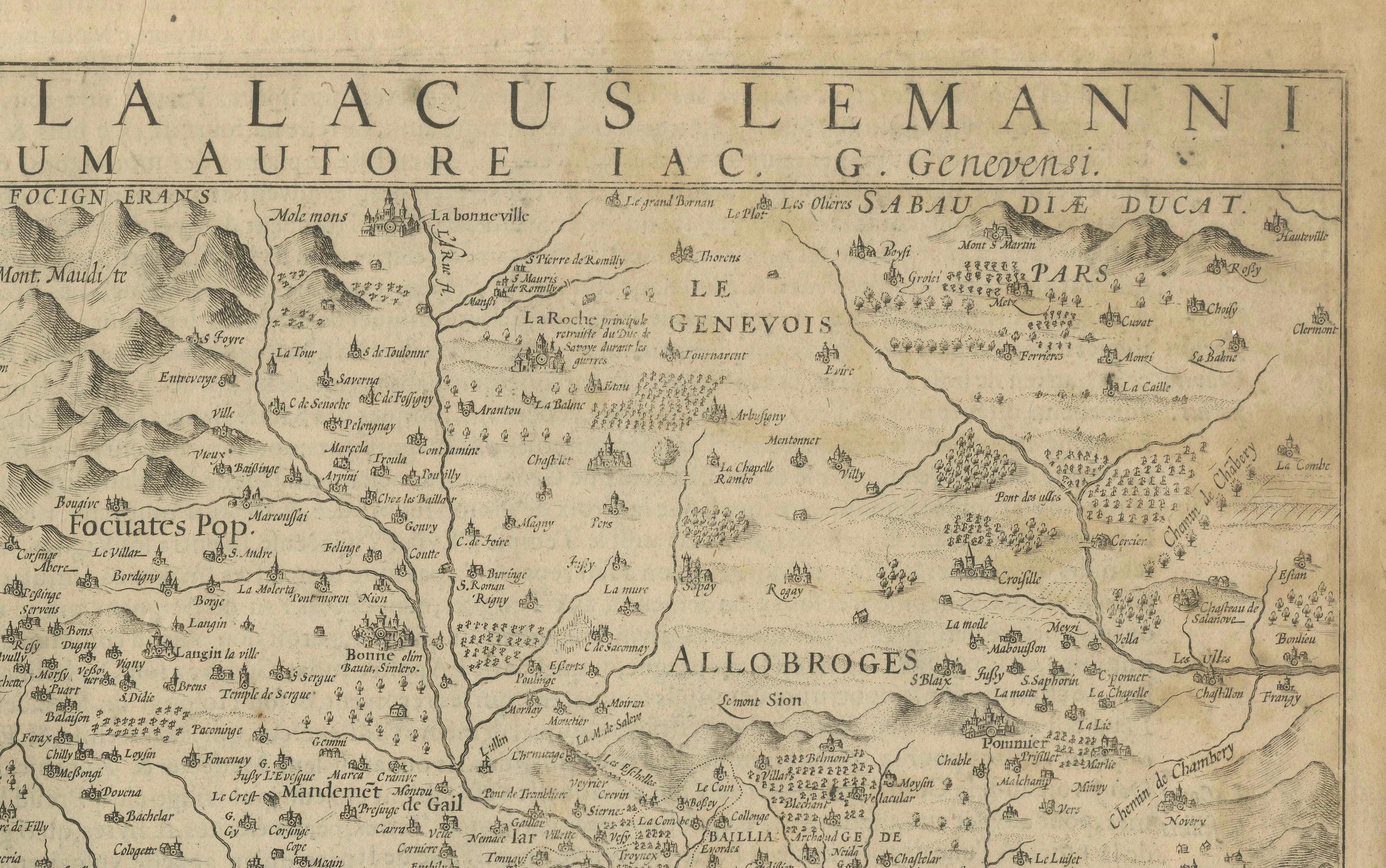 Mapa del lago Lemán y sus alrededores por Hondius, Región de Ginebra, hacia 1612 siglo XVII en venta