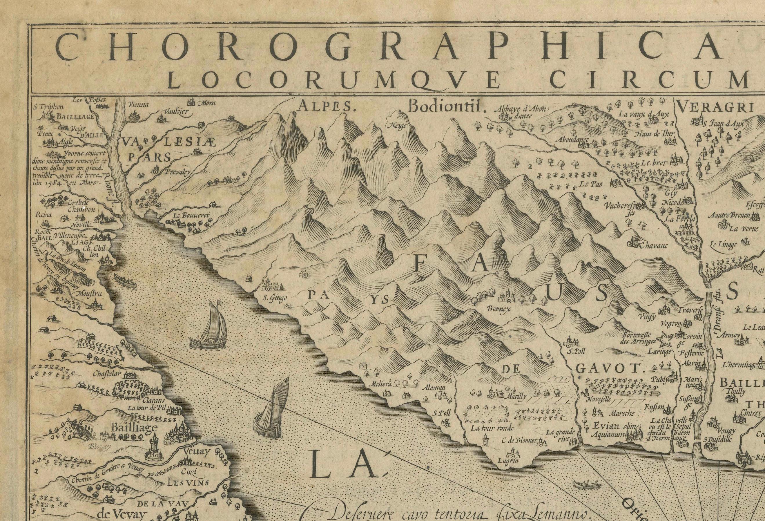 Mapa del lago Lemán y sus alrededores por Hondius, Región de Ginebra, hacia 1612 Papel en venta