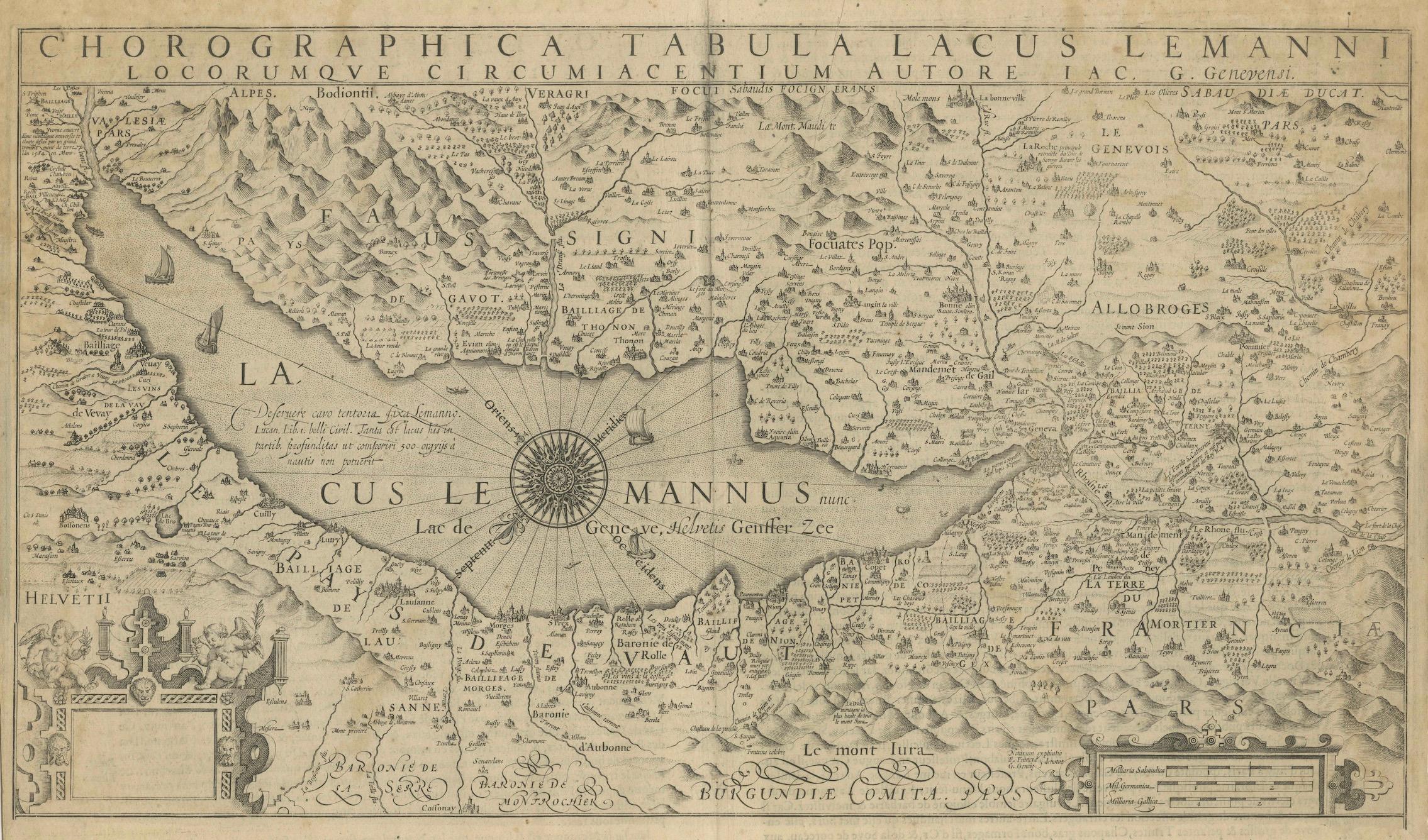 Mapa del lago Lemán y sus alrededores por Hondius, Región de Ginebra, hacia 1612 en venta 2
