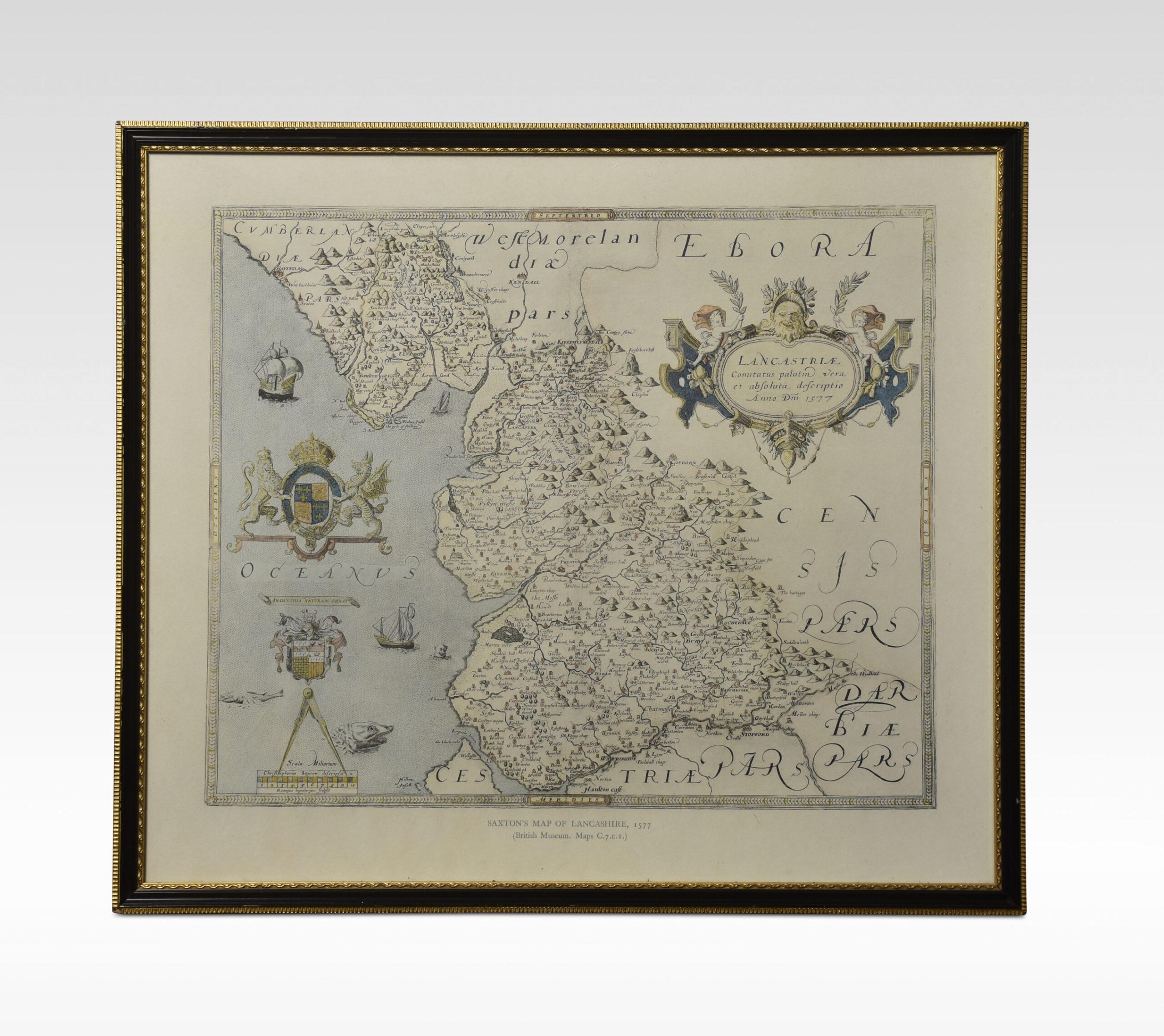 Saxton Map of Lancashire hand coloured. Encased in an ebonised frame.
Dimensions
Height 21 Inches
Width 24 Inches
Depth 1 Inches