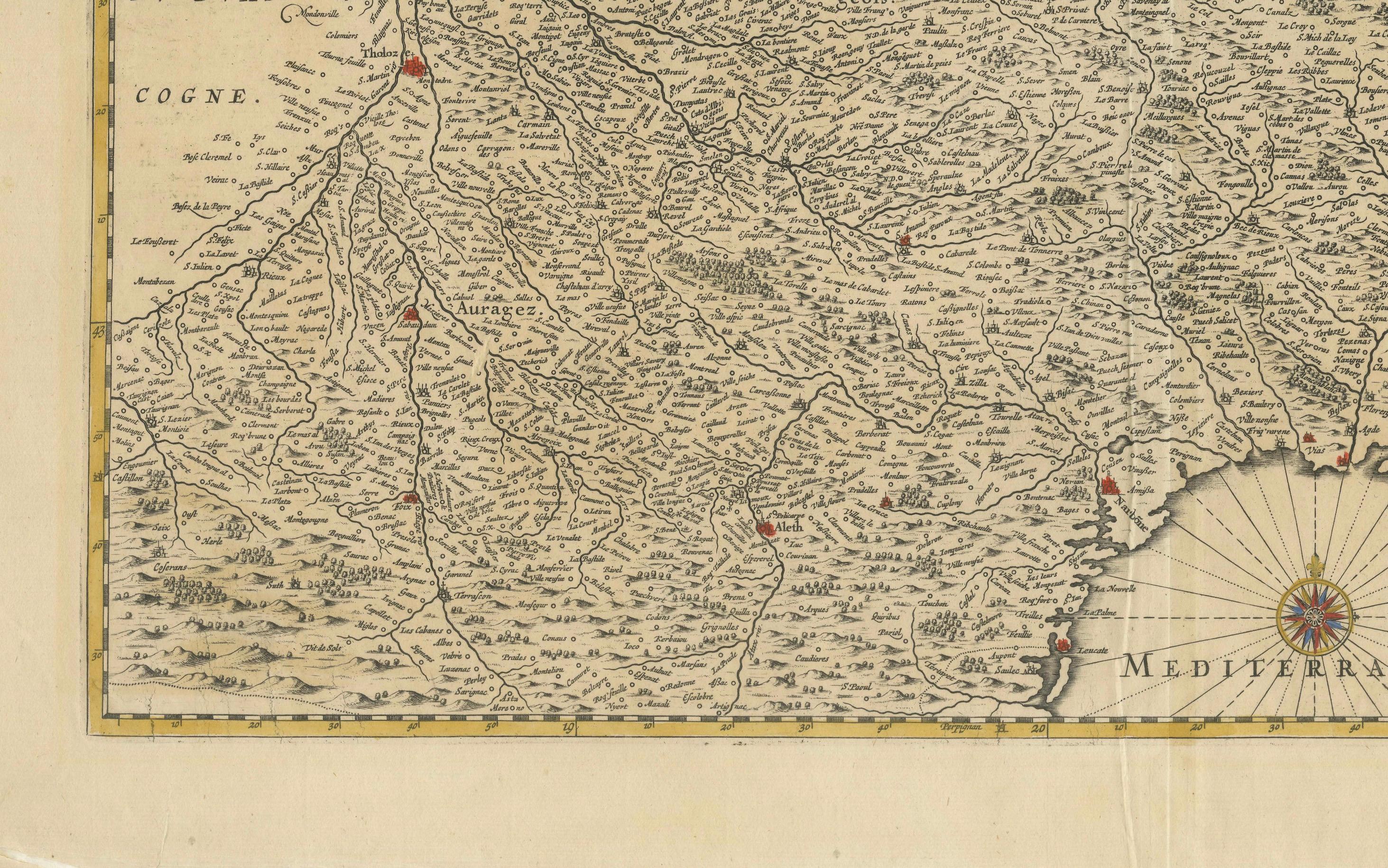 Mid-17th Century Map of Languedoc by Willem Blaeu, Antique French Copper Engraving 1635 For Sale
