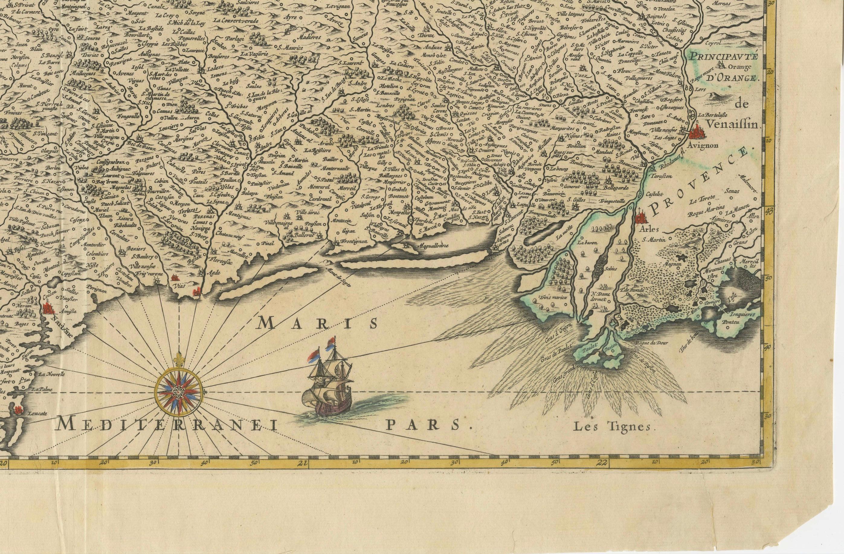 Paper Map of Languedoc by Willem Blaeu, Antique French Copper Engraving 1635 For Sale