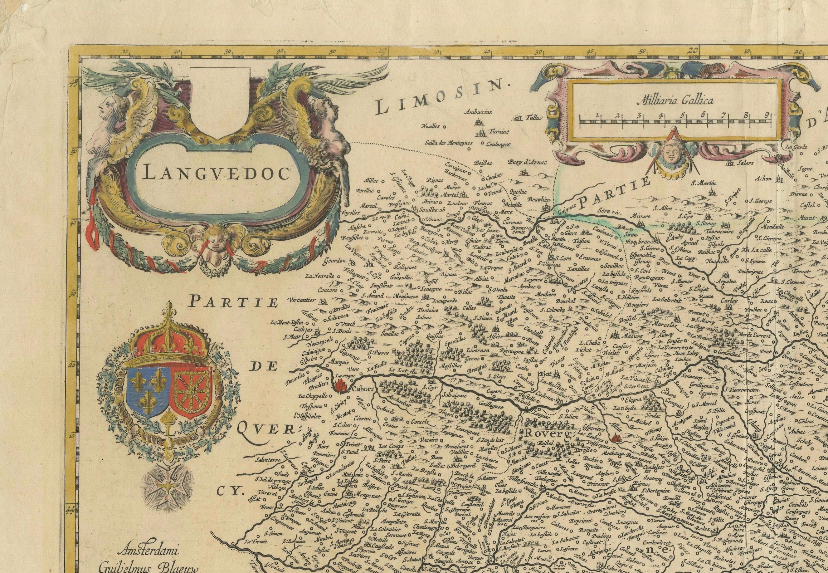 Map of Languedoc by Willem Blaeu, Antique French Copper Engraving 1635 For Sale 2