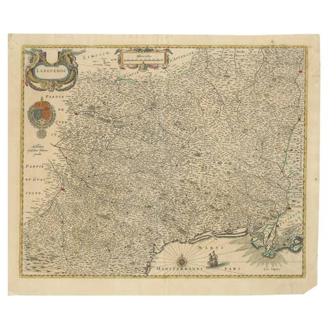 Map of Languedoc by Willem Blaeu, Antique French Copper Engraving 1635