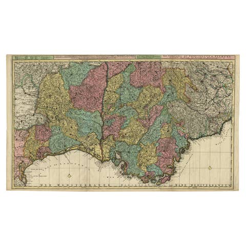Map of Languedoc-Roussillon and Provence in France and Piedmont in Italy, c1680
