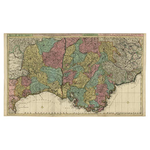 Map of Languedoc-Roussillon and Provence in France and Piedmont in Italy, c1680