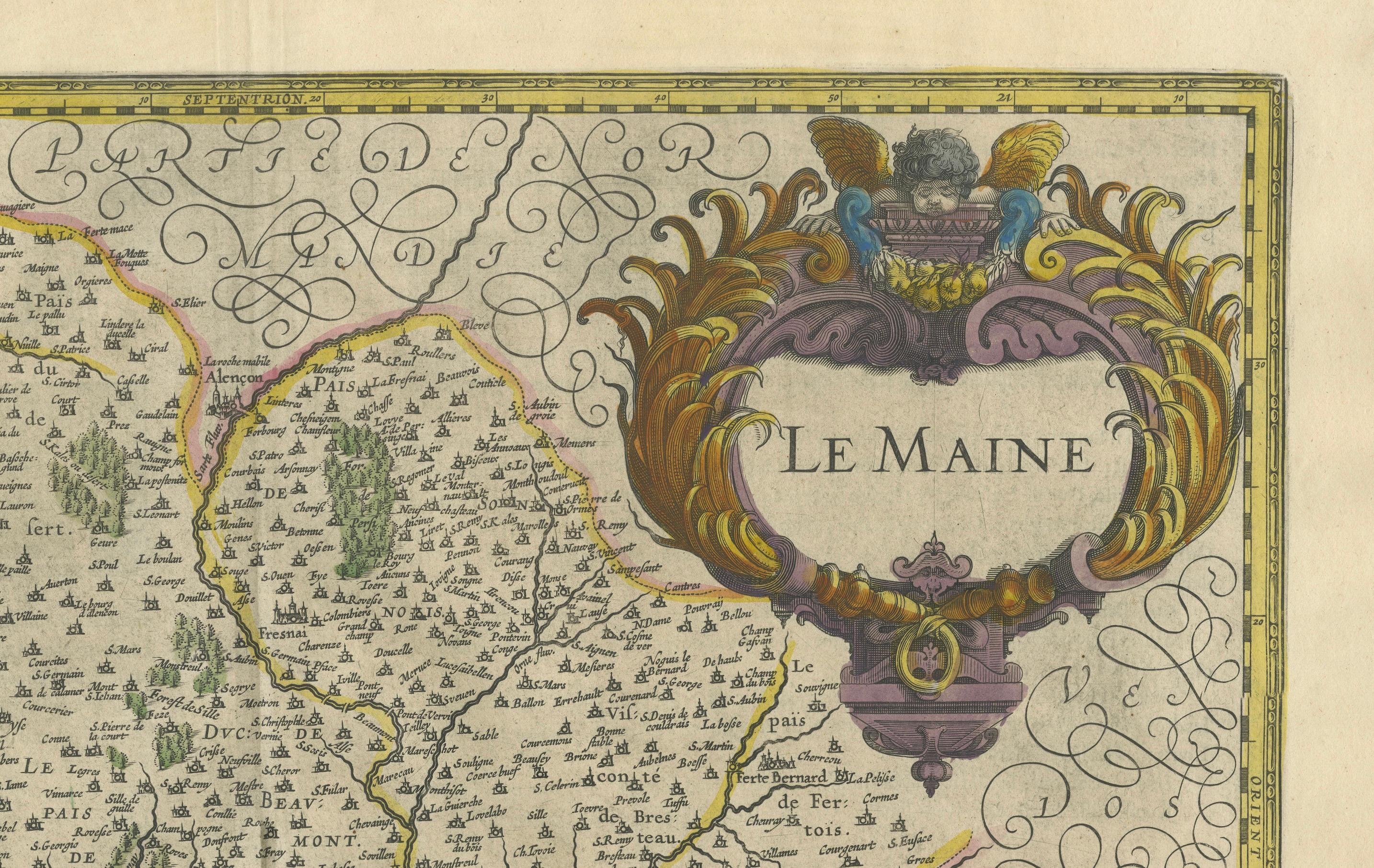 Karte von Le Maine von H. Hondius, 1633, handkoloriert, dekorativ und historisch im Zustand „Gut“ im Angebot in Langweer, NL