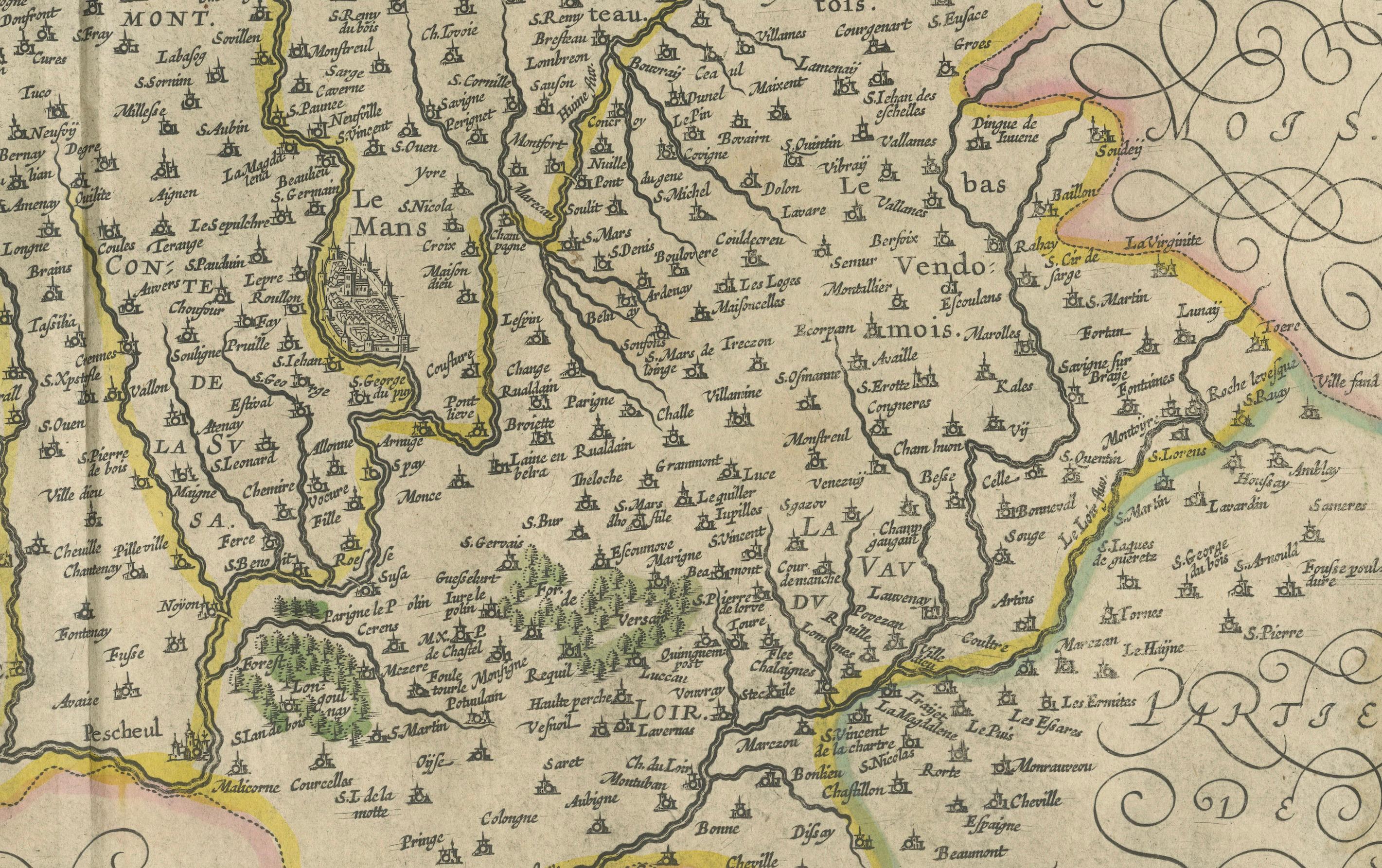 Karte von Le Maine von H. Hondius, 1633, handkoloriert, dekorativ und historisch (Mitte 17. Jahrhundert) im Angebot